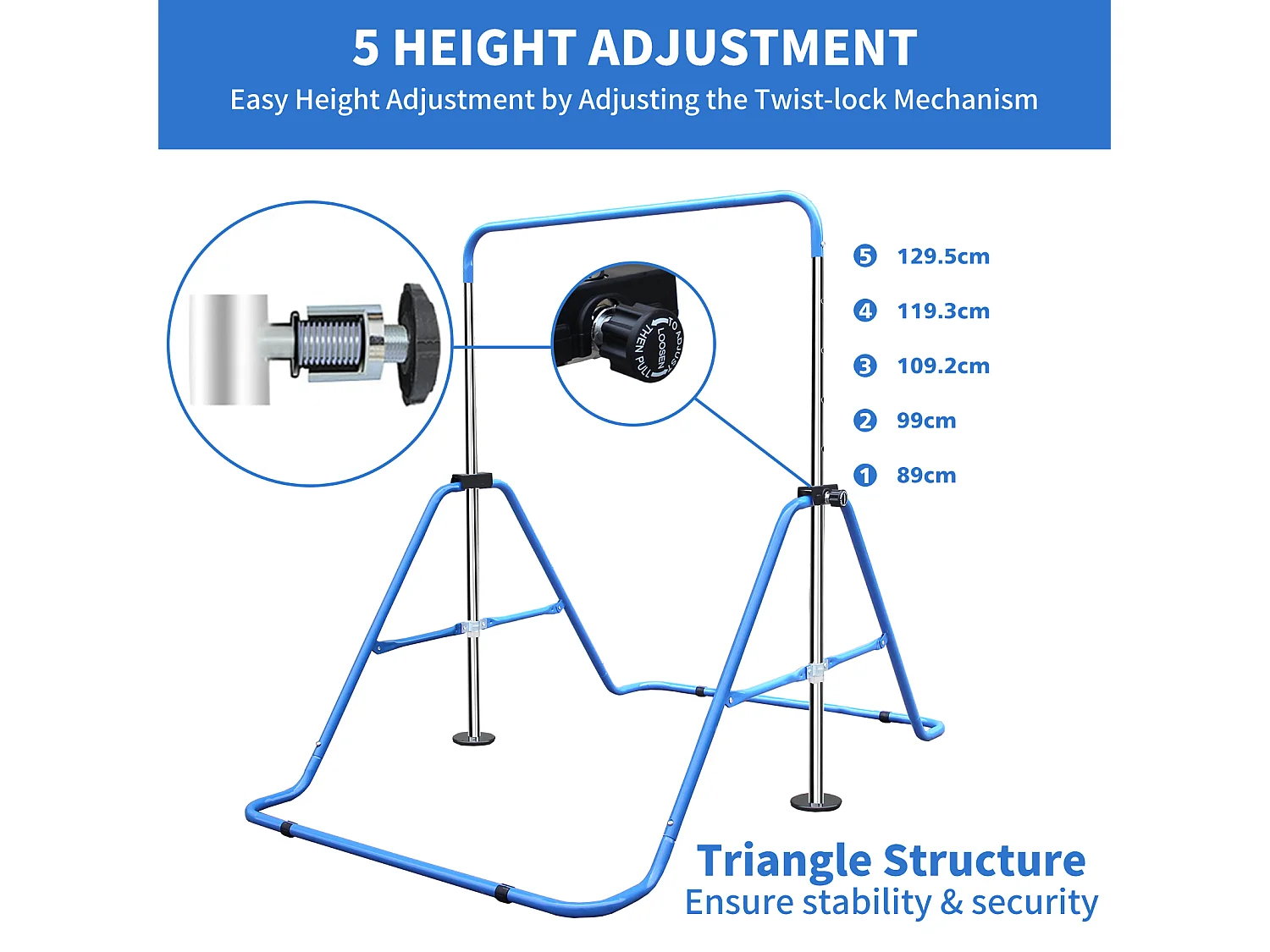 Barre de gymnastique extensible pour enfants, réglable en hauteur, pliable, acier, bleu (145x100x130 cm)