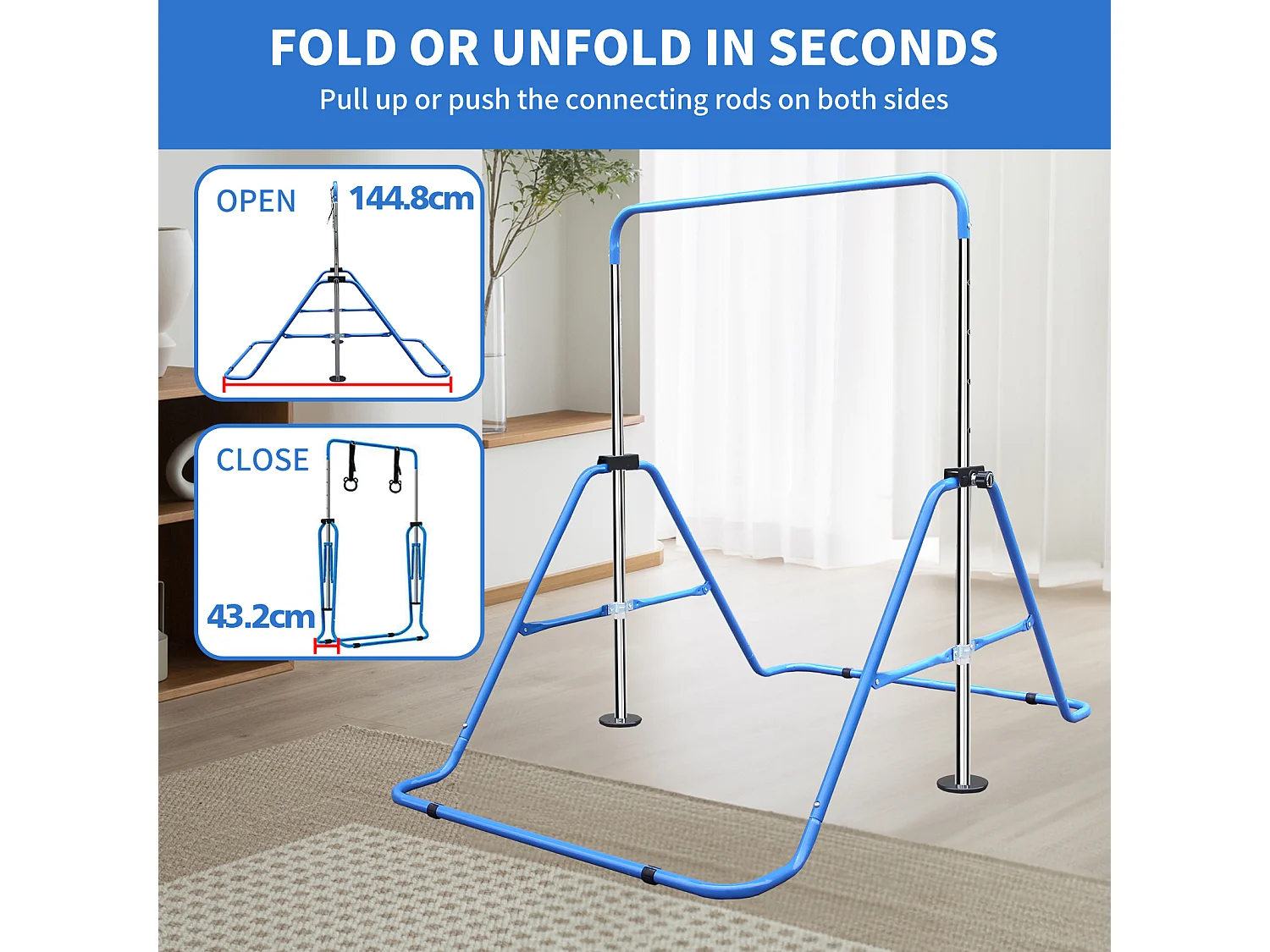 Barre de gymnastique extensible pour enfants, réglable en hauteur, pliable, acier, bleu (145x100x130 cm)