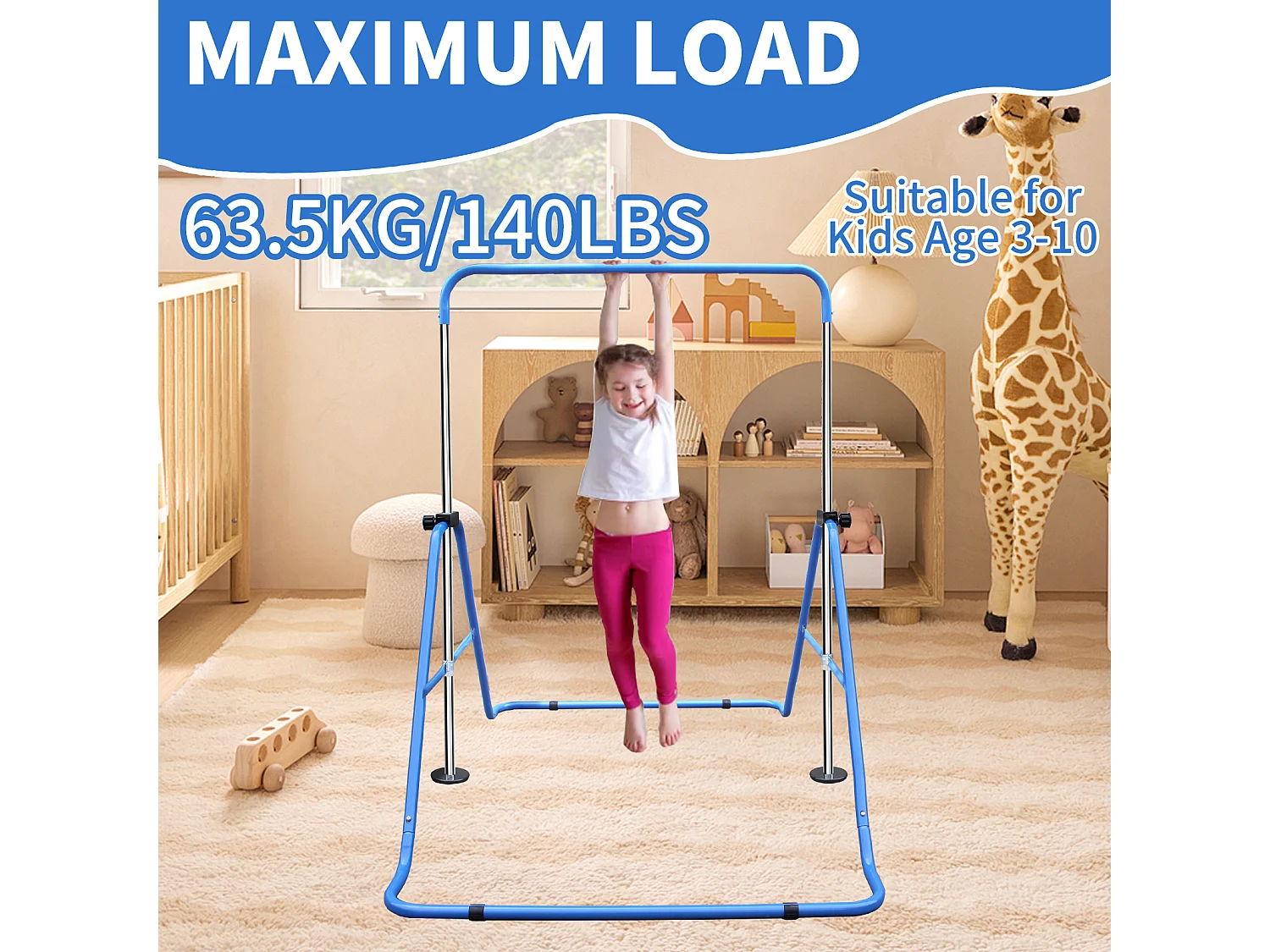 Barre de gymnastique extensible pour enfants, réglable en hauteur, pliable, acier, bleu (145x100x130 cm)