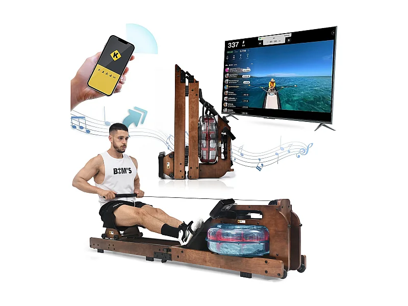 Rameur pliable à résistance d'eau avec application Kinomap, bois de noyer, intérieur fitness (210x52x51cm)