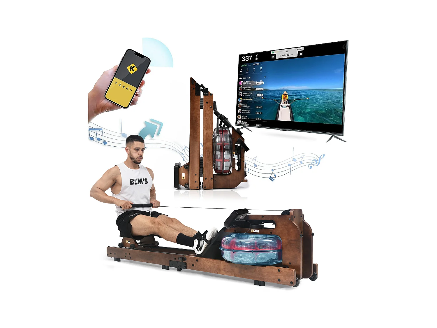 Rameur pliable à résistance d'eau avec application Kinomap, bois de noyer, intérieur fitness (210x52x51cm)