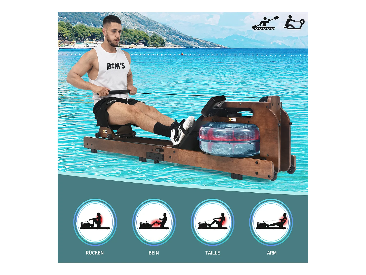 Rameur pliable à résistance d'eau avec application Kinomap, bois de noyer, intérieur fitness (210x52x51cm)