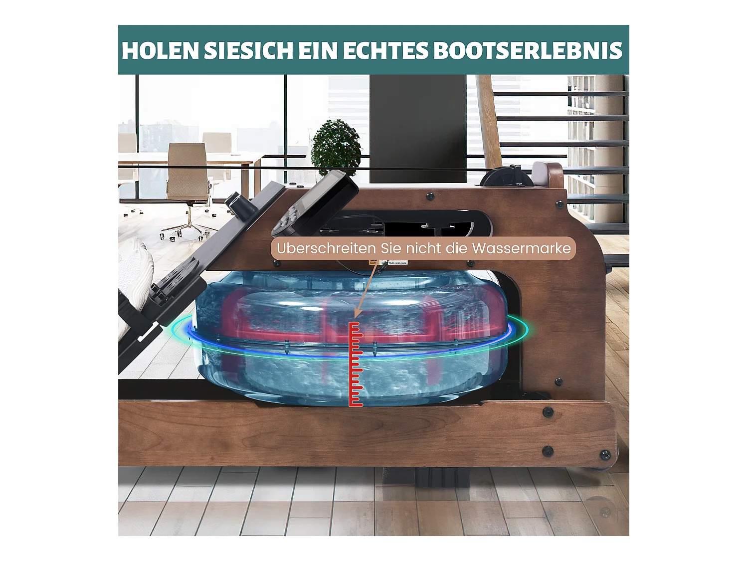 Rameur pliable à résistance d'eau avec application Kinomap, bois de noyer, intérieur fitness (210x52x51cm)