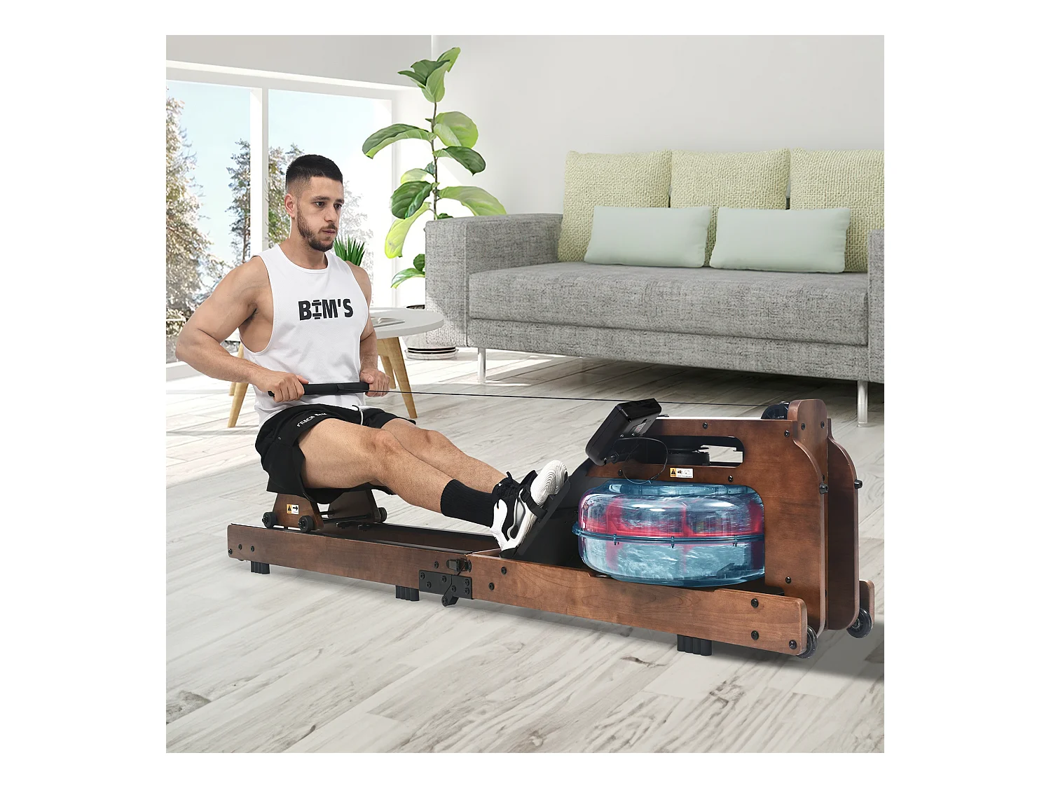 Rameur pliable à résistance d'eau avec application Kinomap, bois de noyer, intérieur fitness (210x52x51cm)