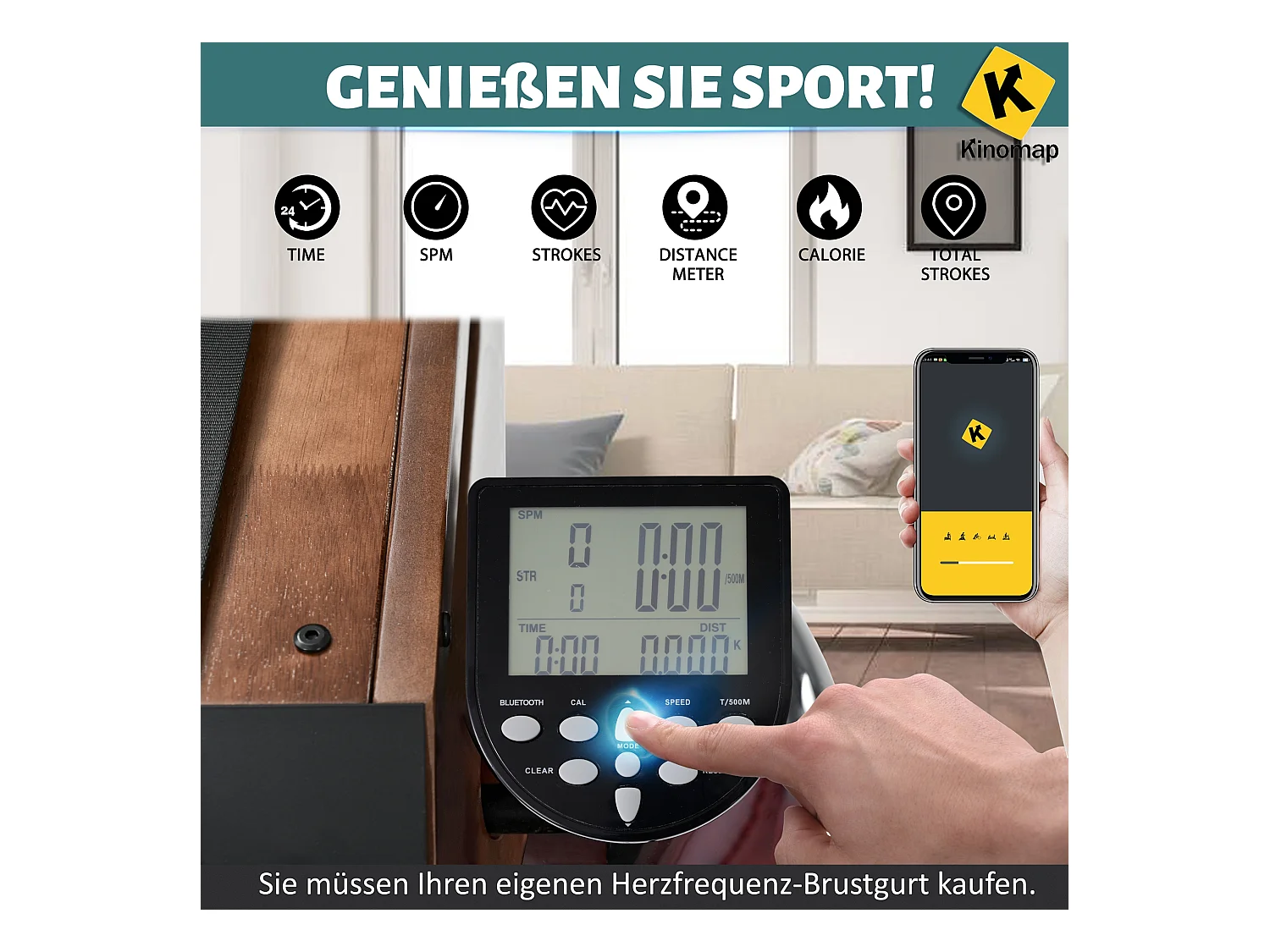 Rameur pliable à résistance d'eau avec application Kinomap, bois de noyer, intérieur fitness (210x52x51cm)