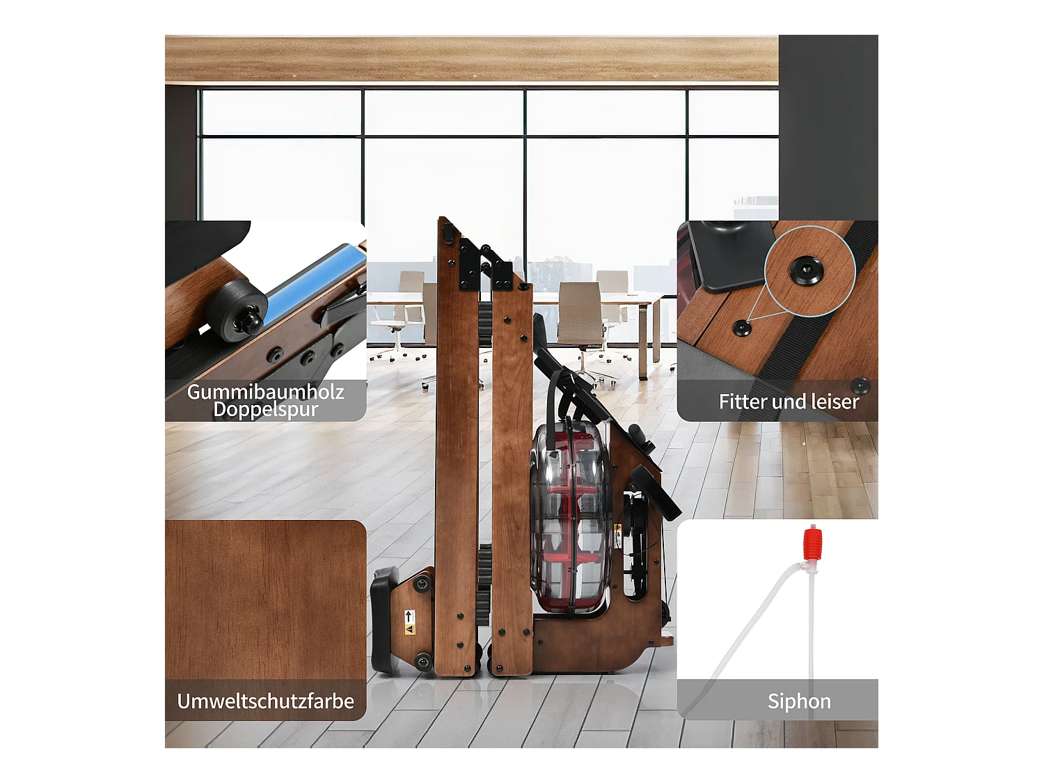 Rameur pliable à résistance d'eau avec application Kinomap, bois de noyer, intérieur fitness (210x52x51cm)