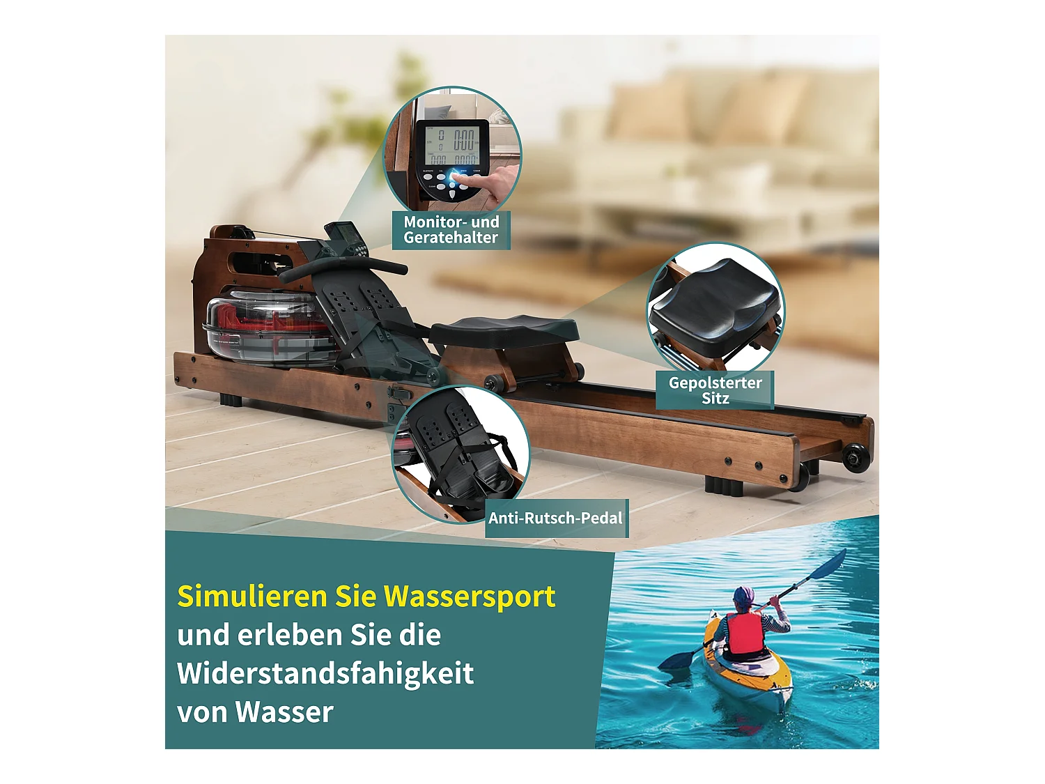 Rameur pliable à résistance d'eau avec application Kinomap, bois de noyer, intérieur fitness (210x52x51cm)