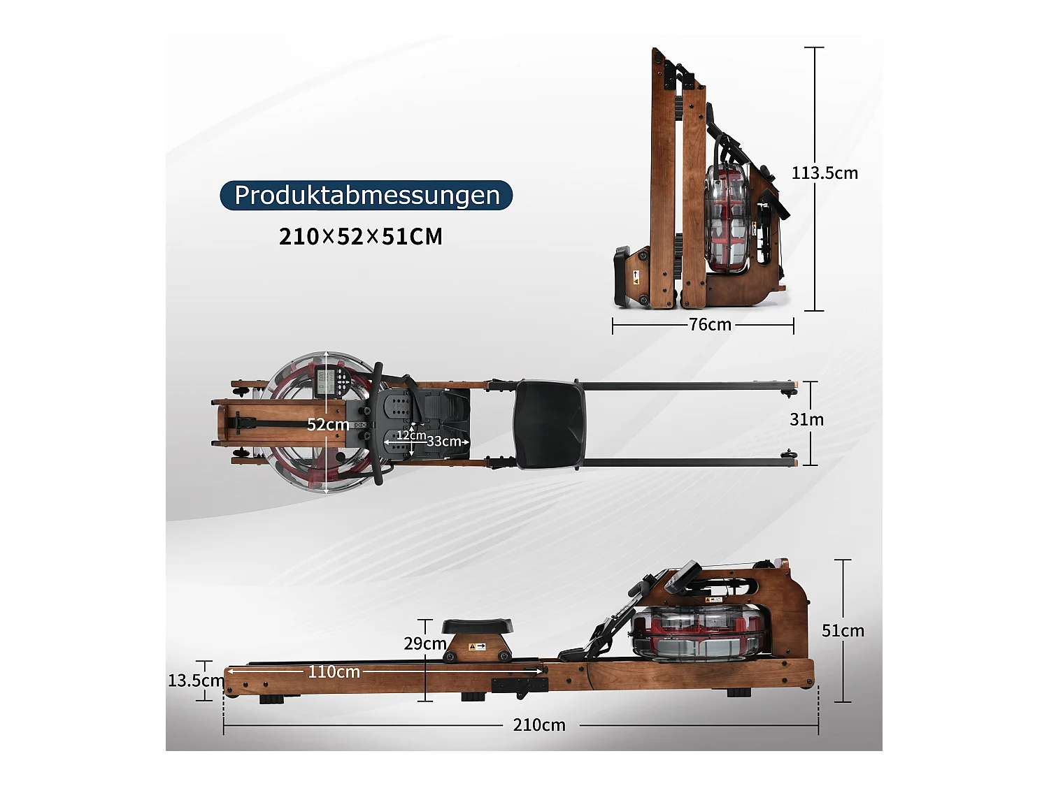 Rameur pliable à résistance d'eau avec application Kinomap, bois de noyer, intérieur fitness (210x52x51cm)