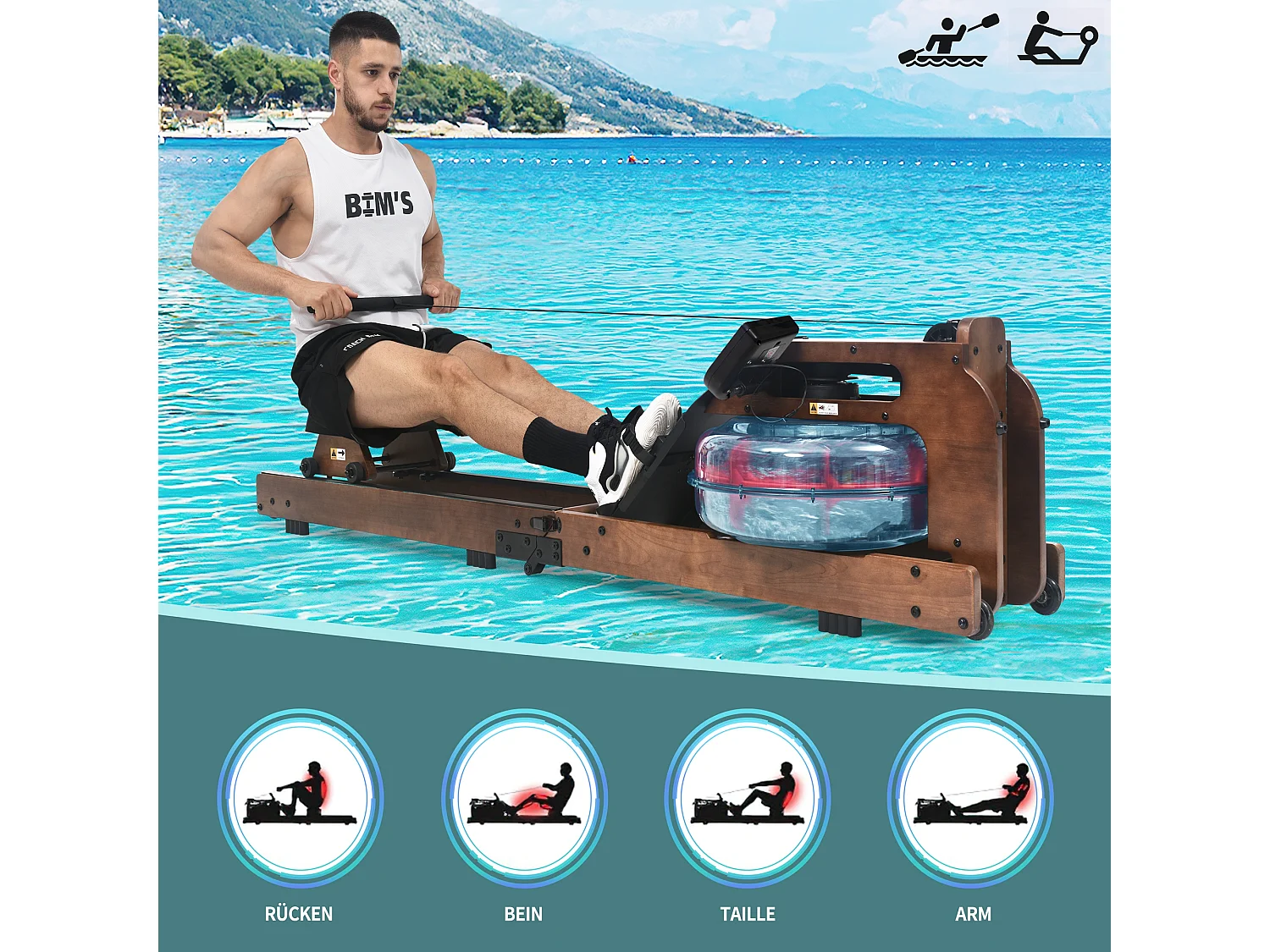 Rameur pliable à résistance d'eau avec application Kinomap, bois de noyer, intérieur fitness (210x52x51cm)