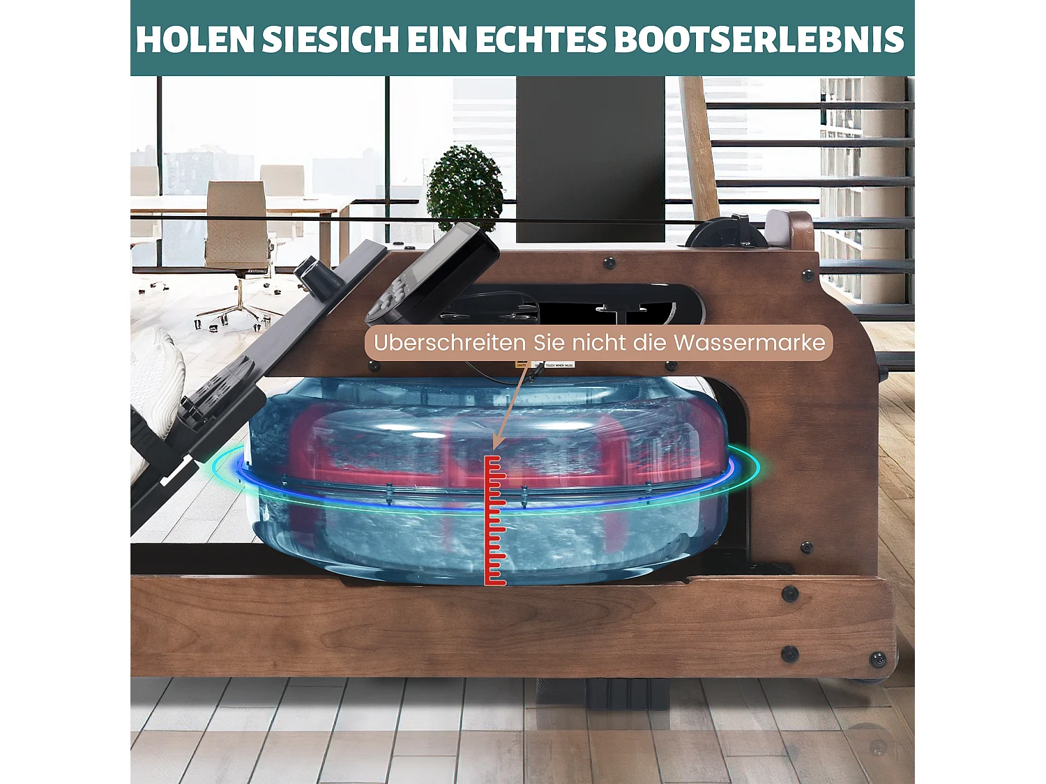 Rameur pliable à résistance d'eau avec application Kinomap, bois de noyer, intérieur fitness (210x52x51cm)