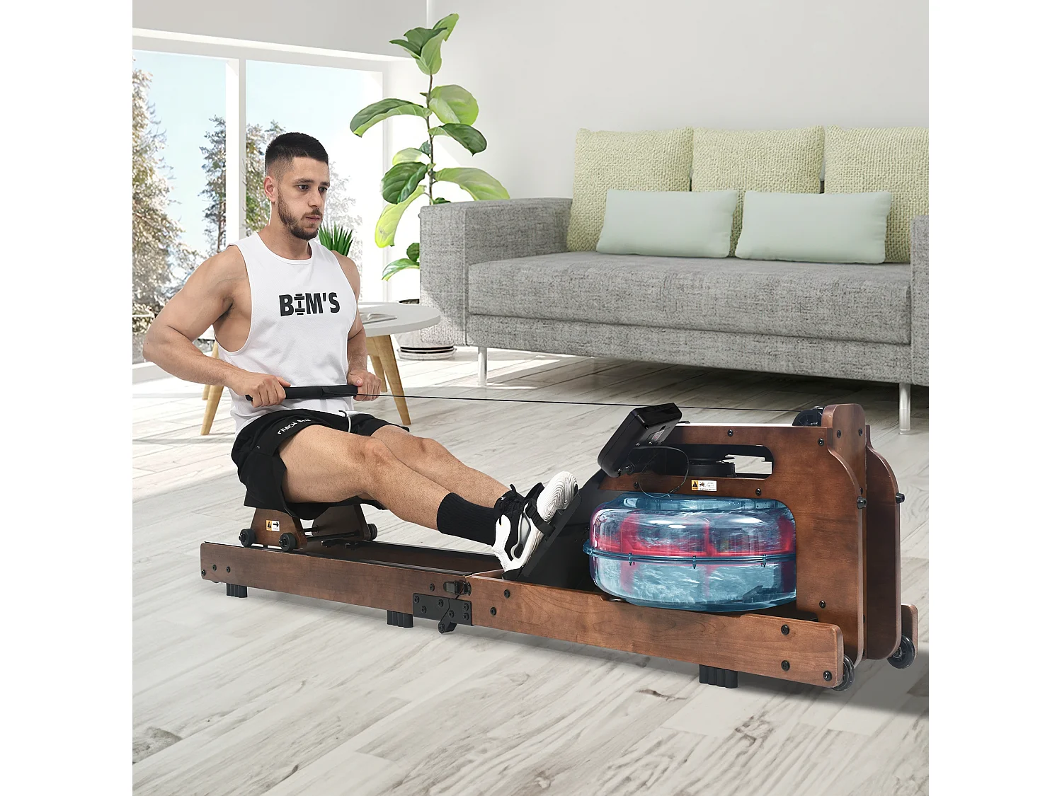 Rameur pliable à résistance d'eau avec application Kinomap, bois de noyer, intérieur fitness (210x52x51cm)