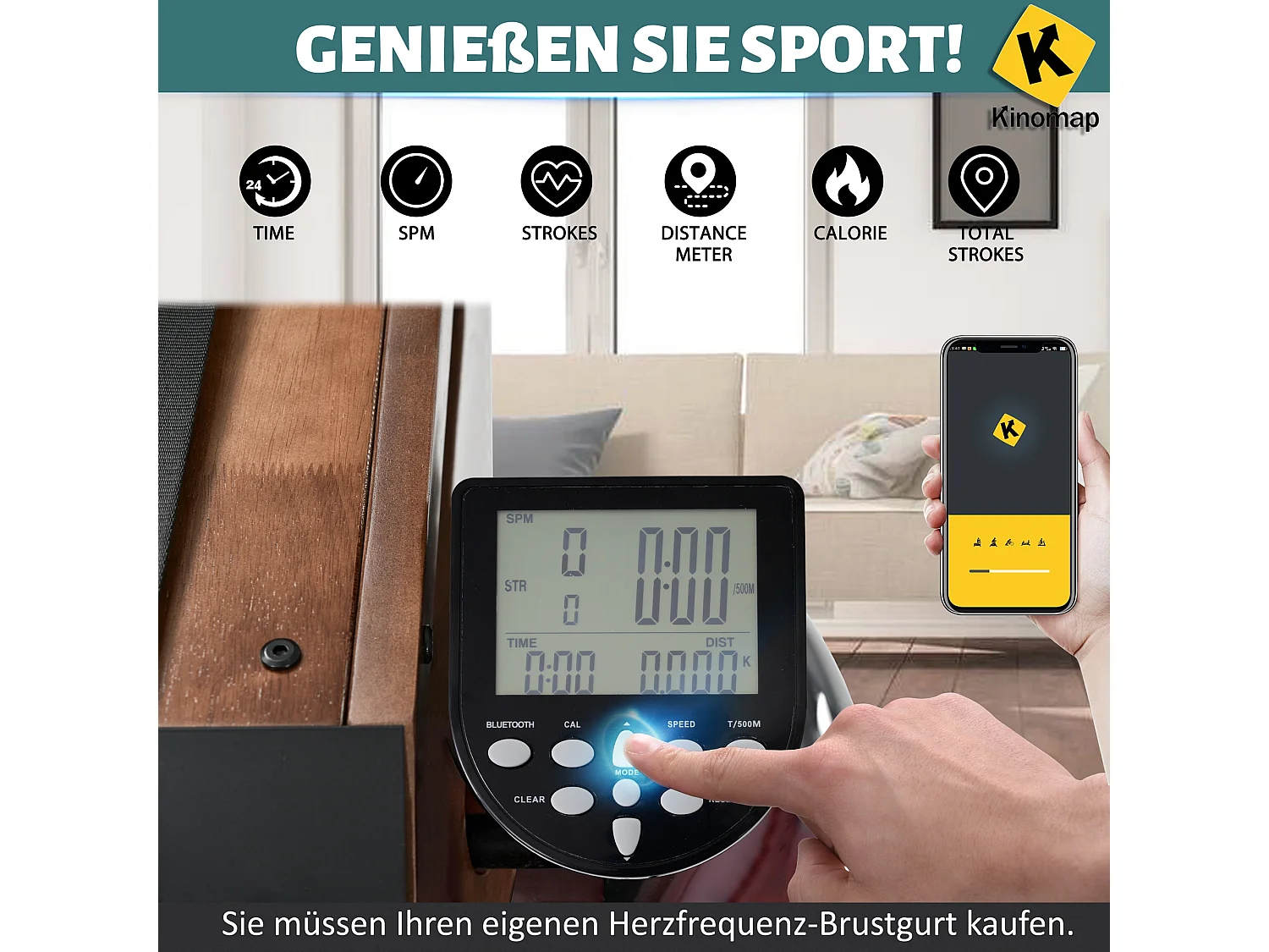 Rameur pliable à résistance d'eau avec application Kinomap, bois de noyer, intérieur fitness (210x52x51cm)