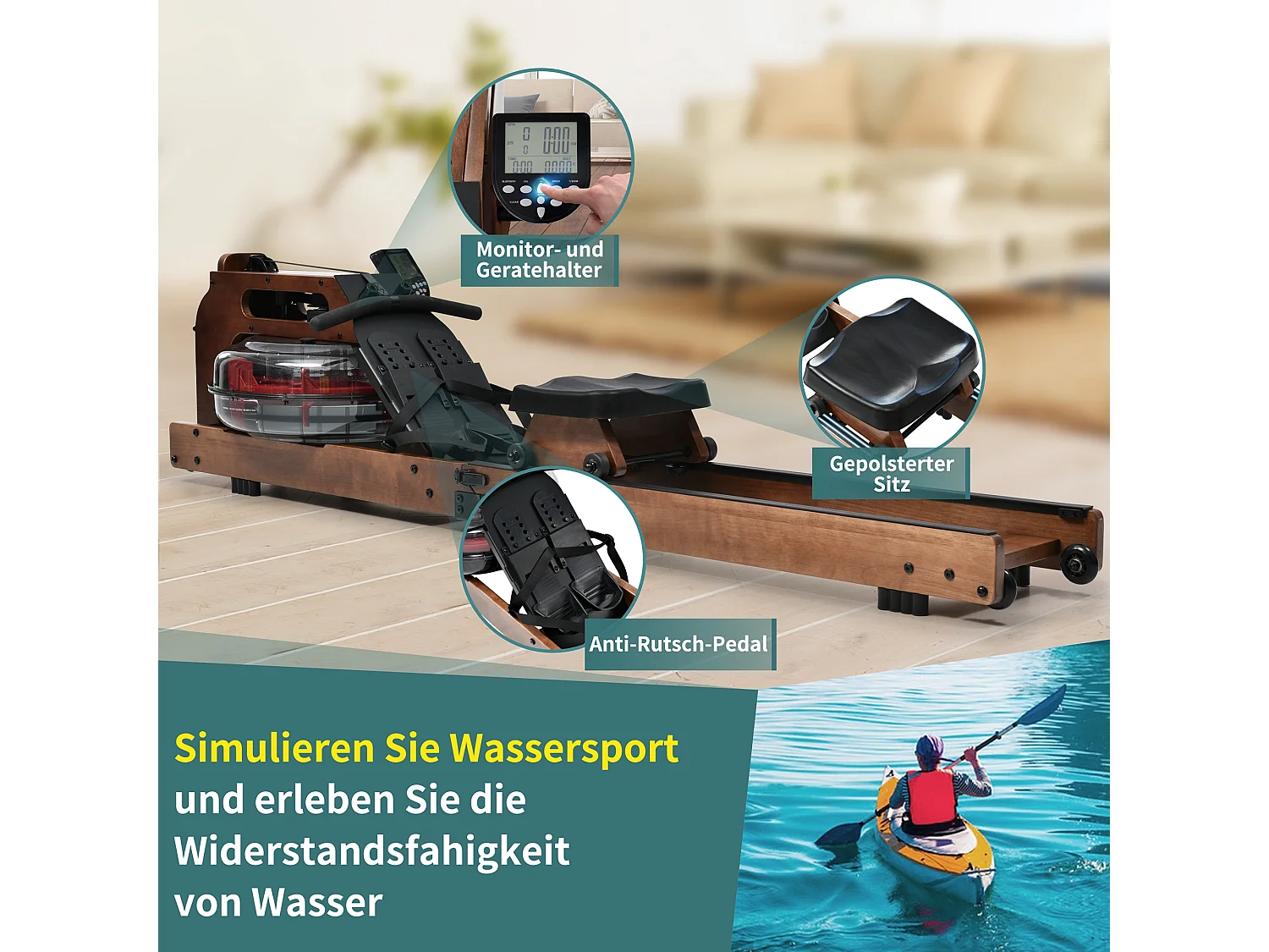 Rameur pliable à résistance d'eau avec application Kinomap, bois de noyer, intérieur fitness (210x52x51cm)