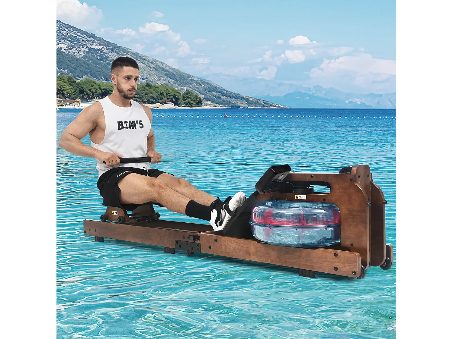 Rameur pliable à résistance d'eau avec application Kinomap, bois de noyer, intérieur fitness (210x52x51cm)