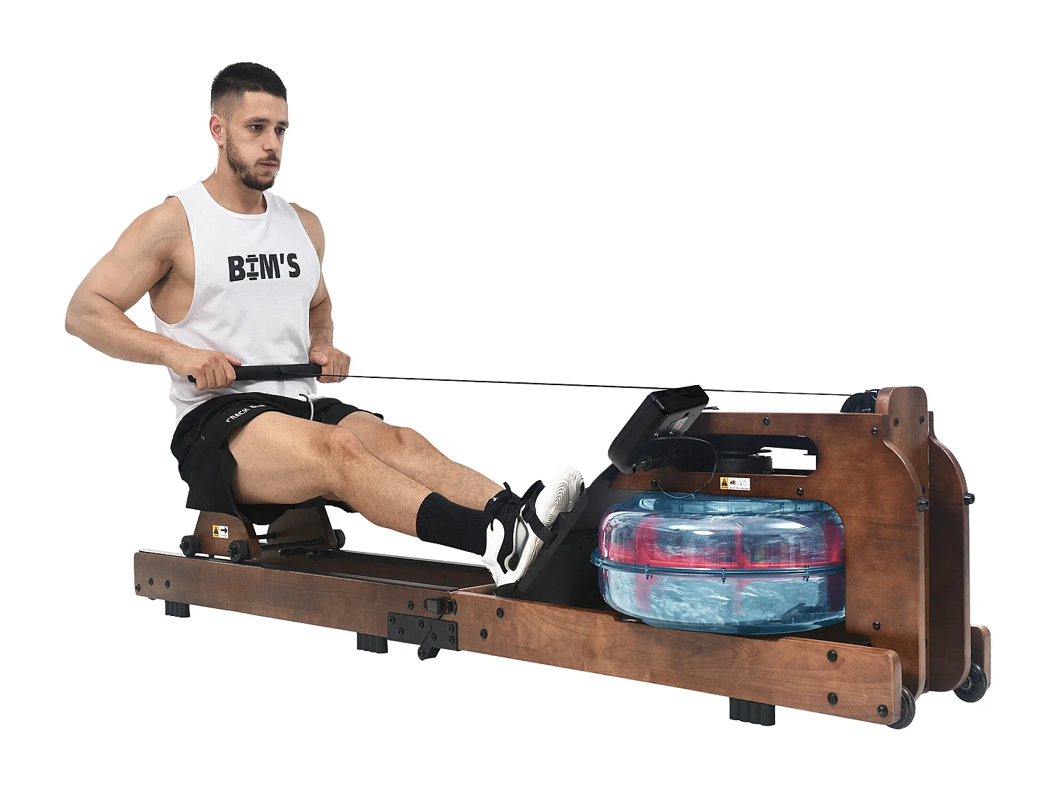 Rameur pliable à résistance d'eau avec application Kinomap, bois de noyer, intérieur fitness (210x52x51cm)