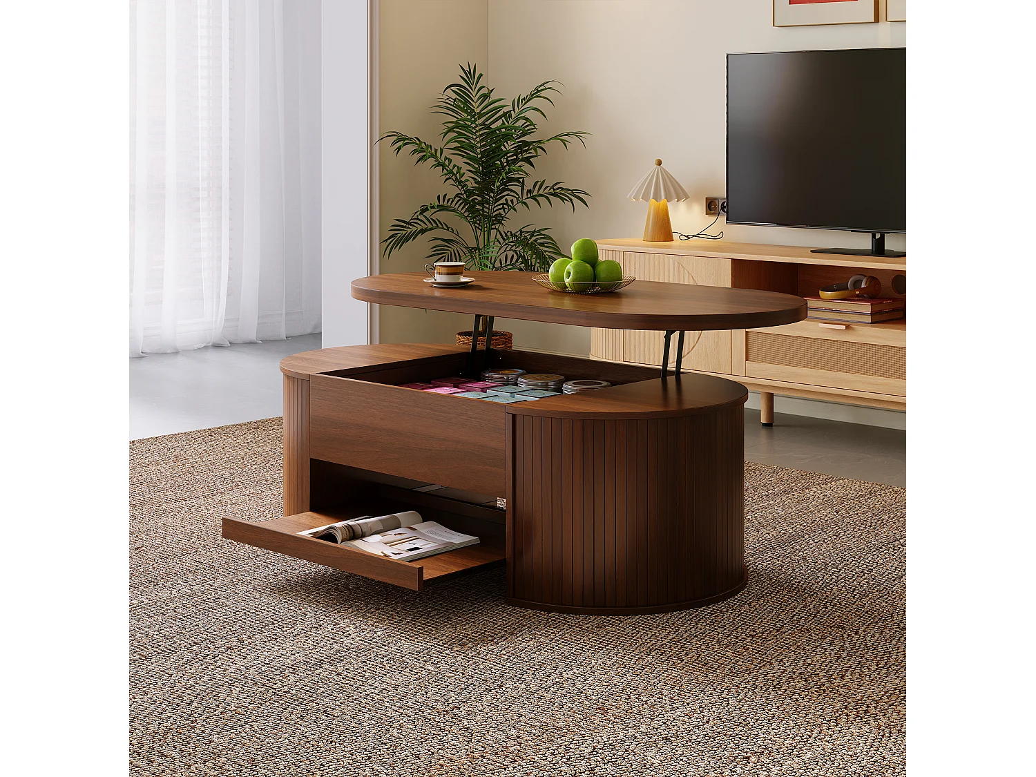 Table basse relevable, design courbé avec étagère extensible, MDF, naturel (110x55.5x40cm)