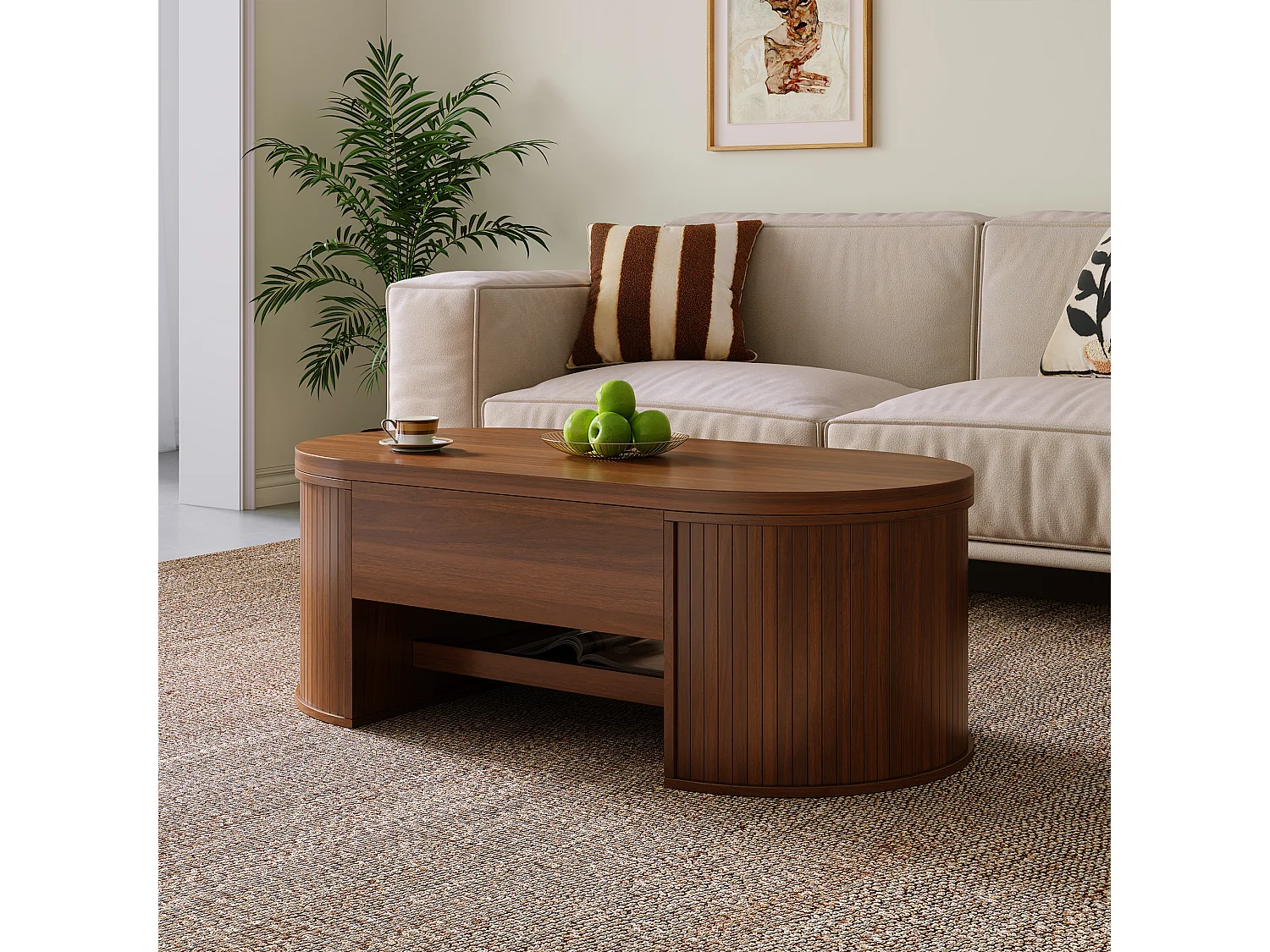 Table basse relevable, design courbé avec étagère extensible, MDF, naturel (110x55.5x40cm)