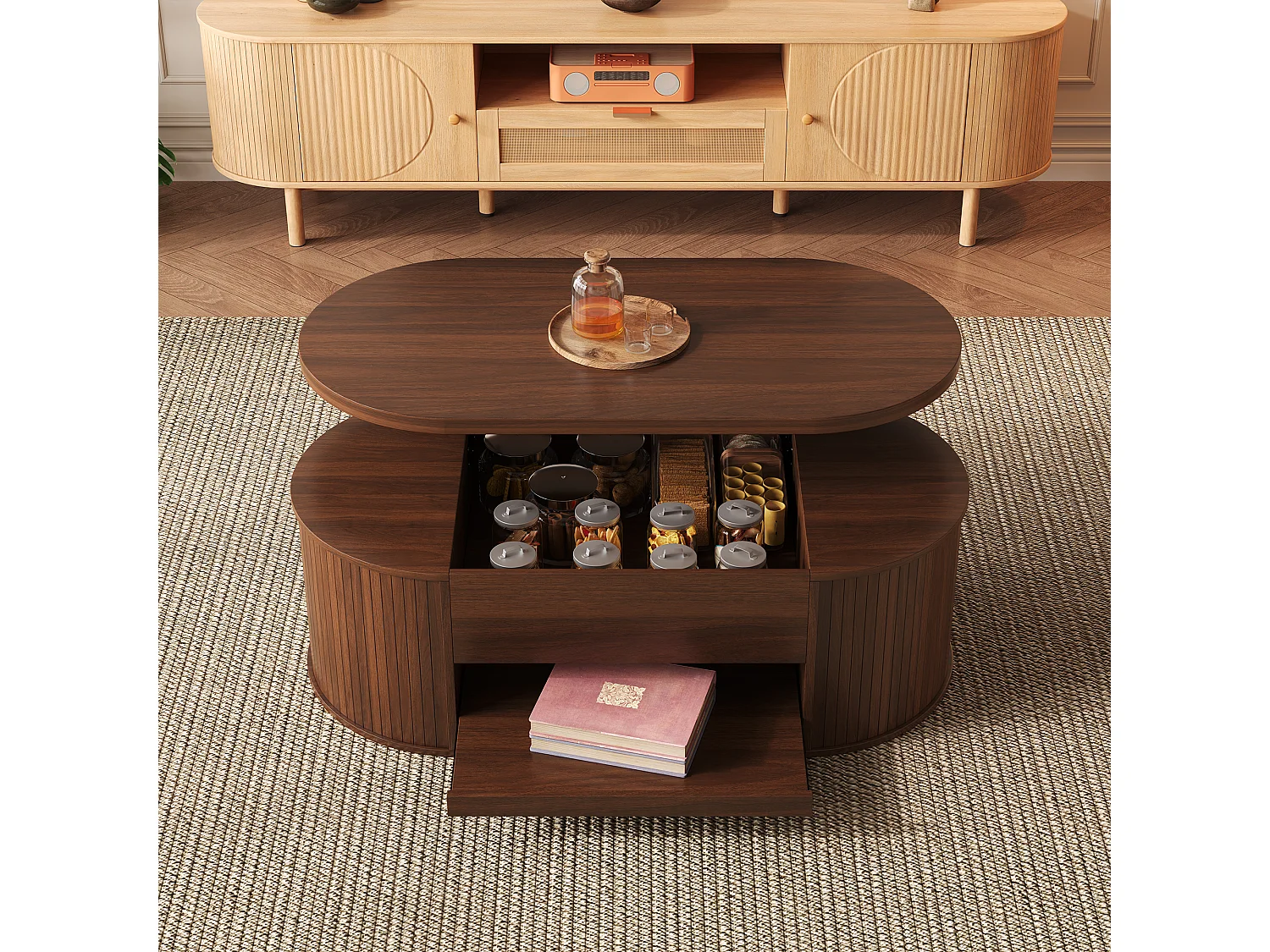 Table basse relevable, design courbé avec étagère extensible, MDF, naturel (110x55.5x40cm)