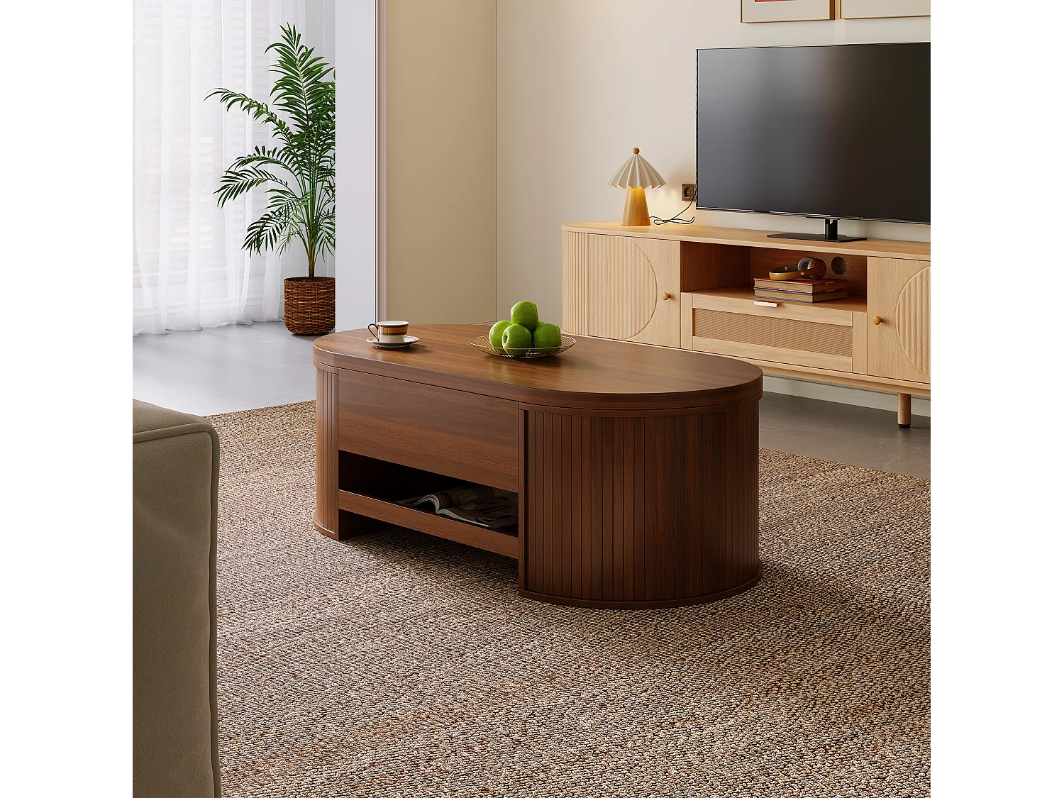 Table basse relevable, design courbé avec étagère extensible, MDF, naturel (110x55.5x40cm)
