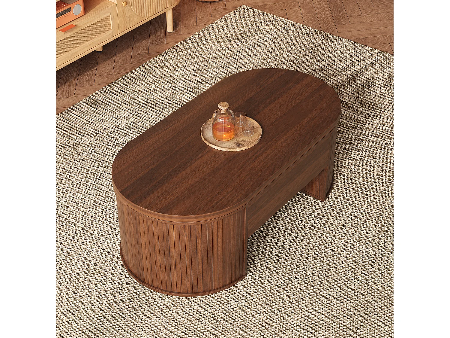 Table basse relevable, design courbé avec étagère extensible, MDF, naturel (110x55.5x40cm)