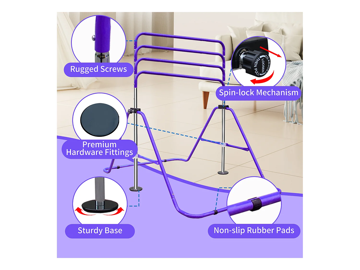 Barre de gymnastique extensible pour enfants, réglable en hauteur, acier, violet (145x100x130 cm)