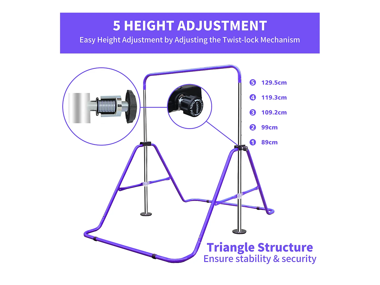 Barre de gymnastique extensible pour enfants, réglable en hauteur, acier, violet (145x100x130 cm)