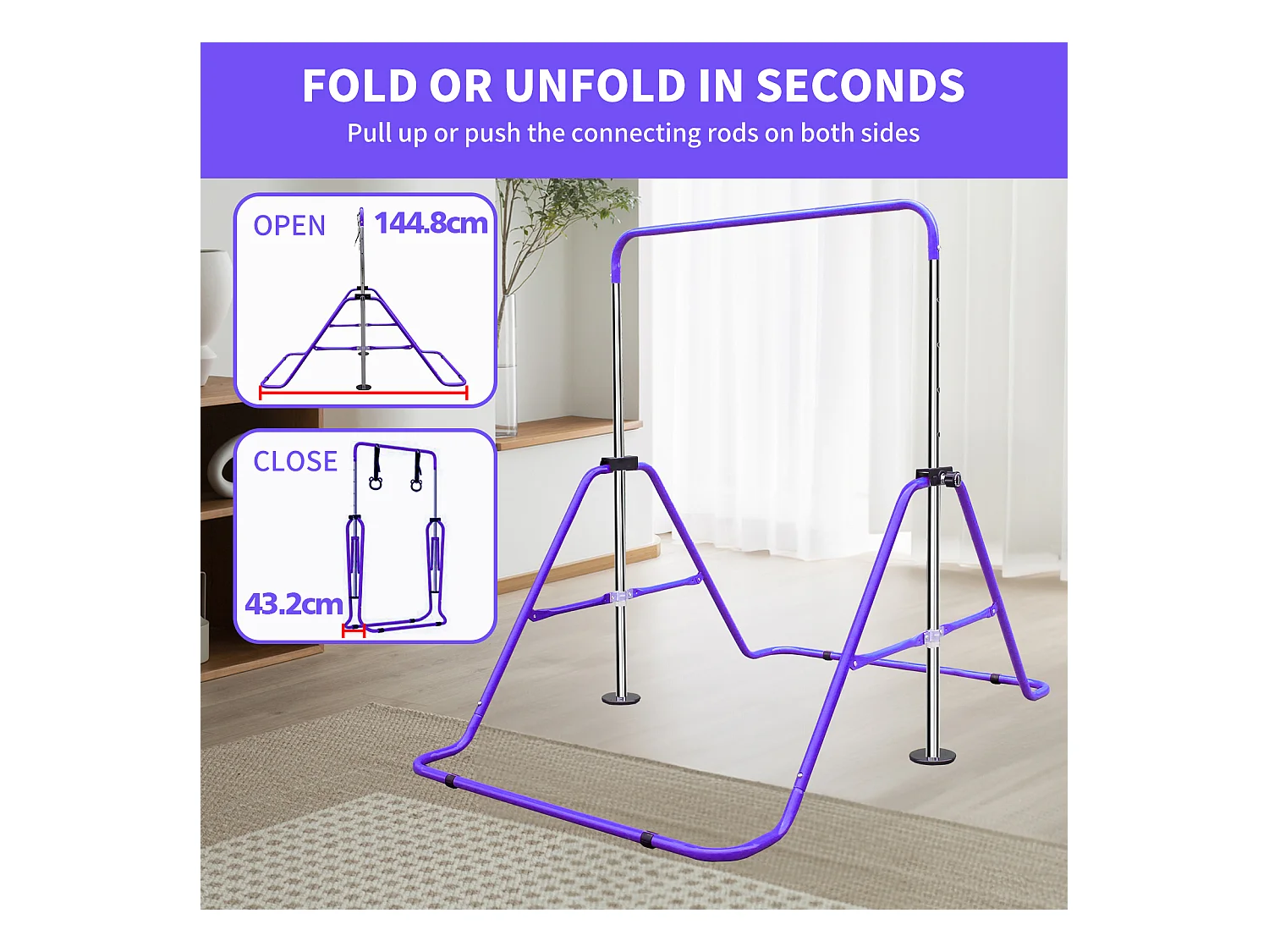 Barre de gymnastique extensible pour enfants, réglable en hauteur, acier, violet (145x100x130 cm)