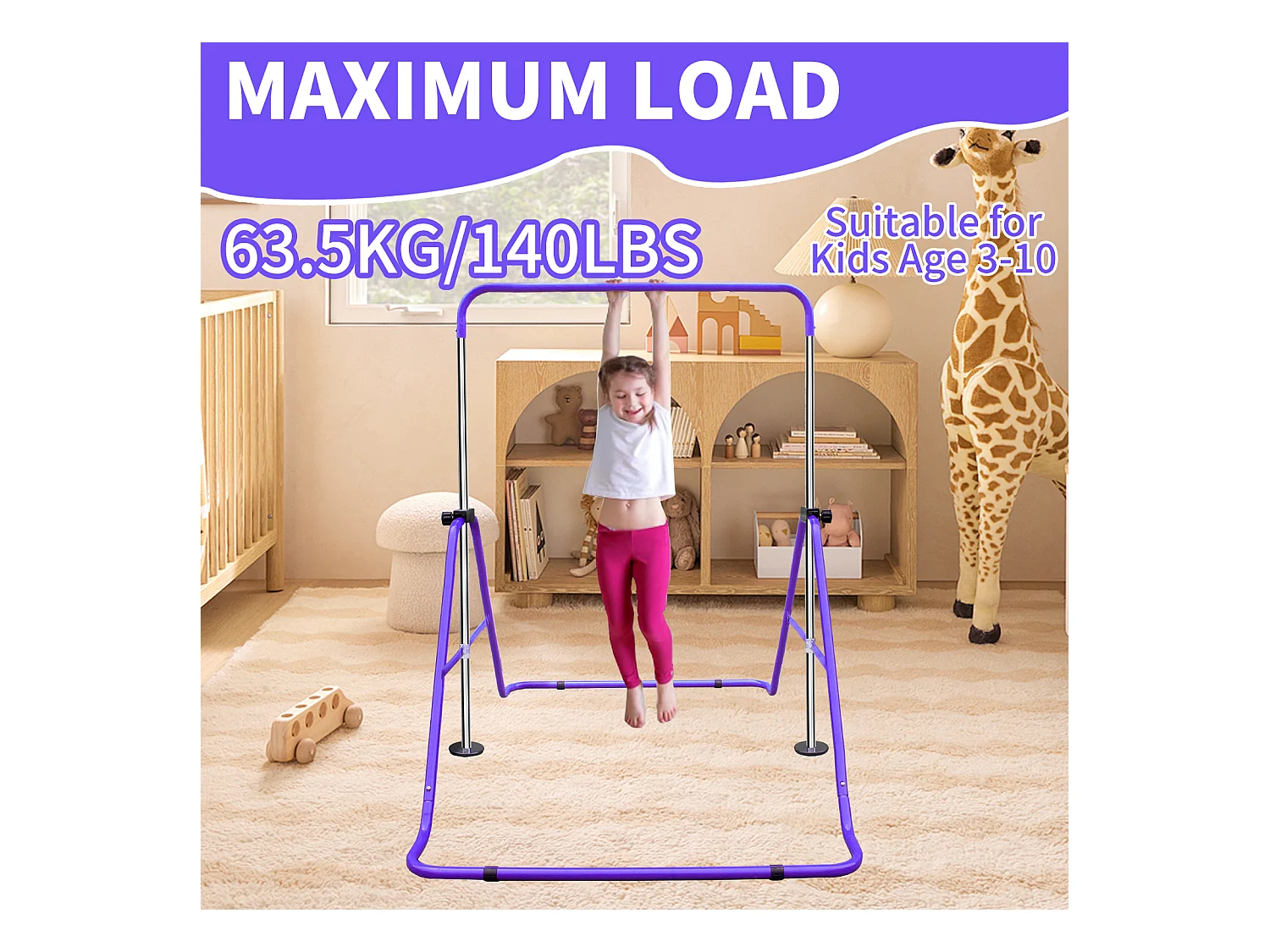 Barre de gymnastique extensible pour enfants, réglable en hauteur, acier, violet (145x100x130 cm)