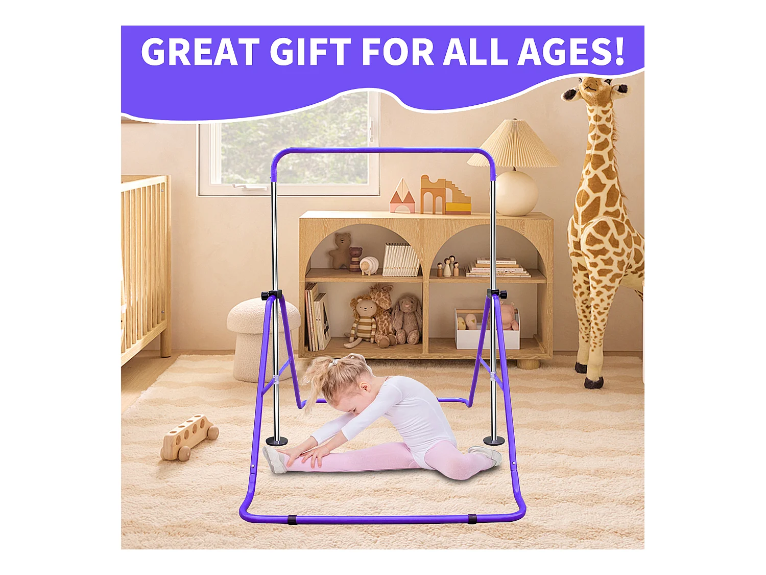 Barre de gymnastique extensible pour enfants, réglable en hauteur, acier, violet (145x100x130 cm)