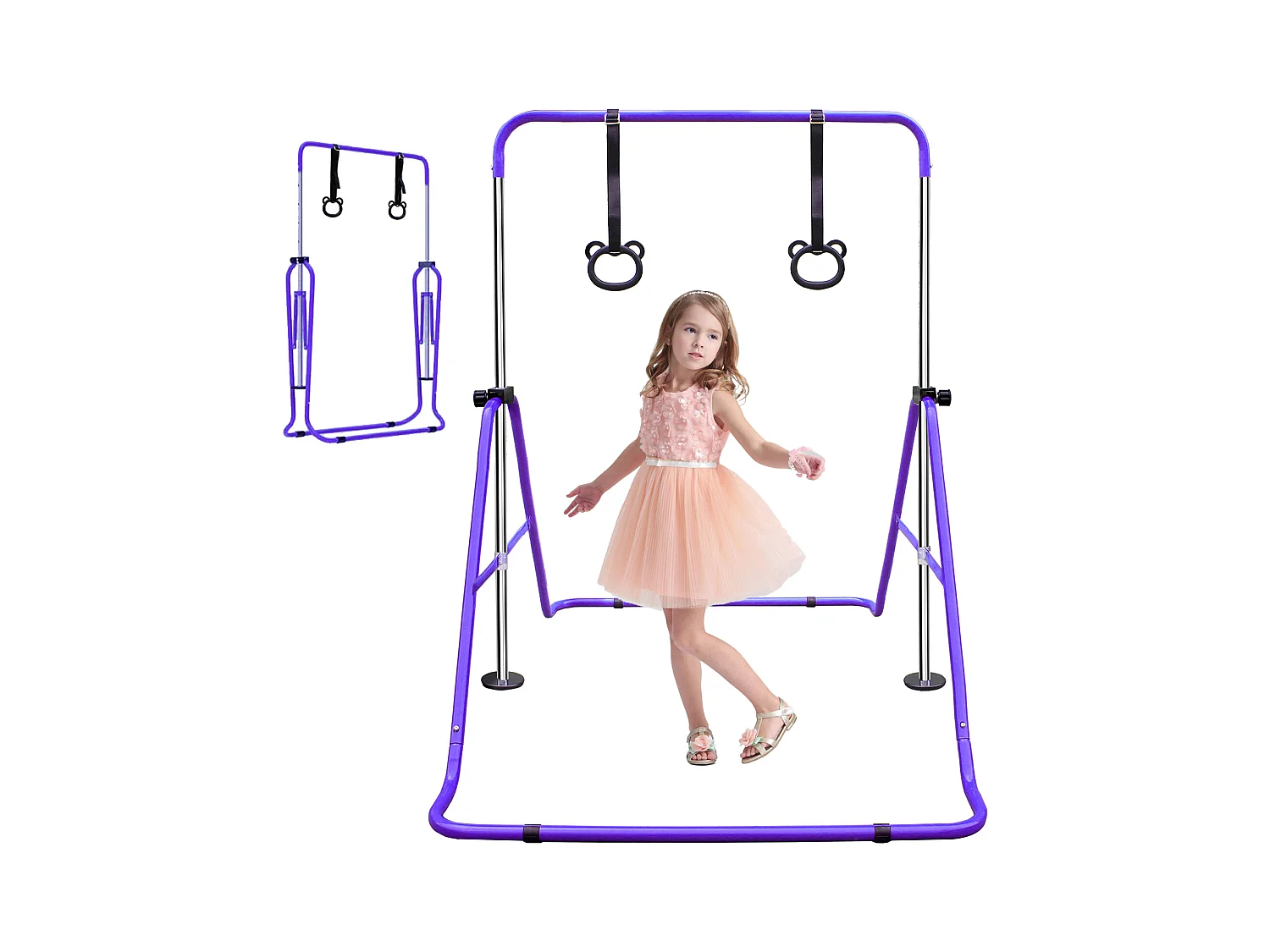 Barra de gimnasia extensible para niños, regulable en altura, de acero, color morado (145x100x130 cm)