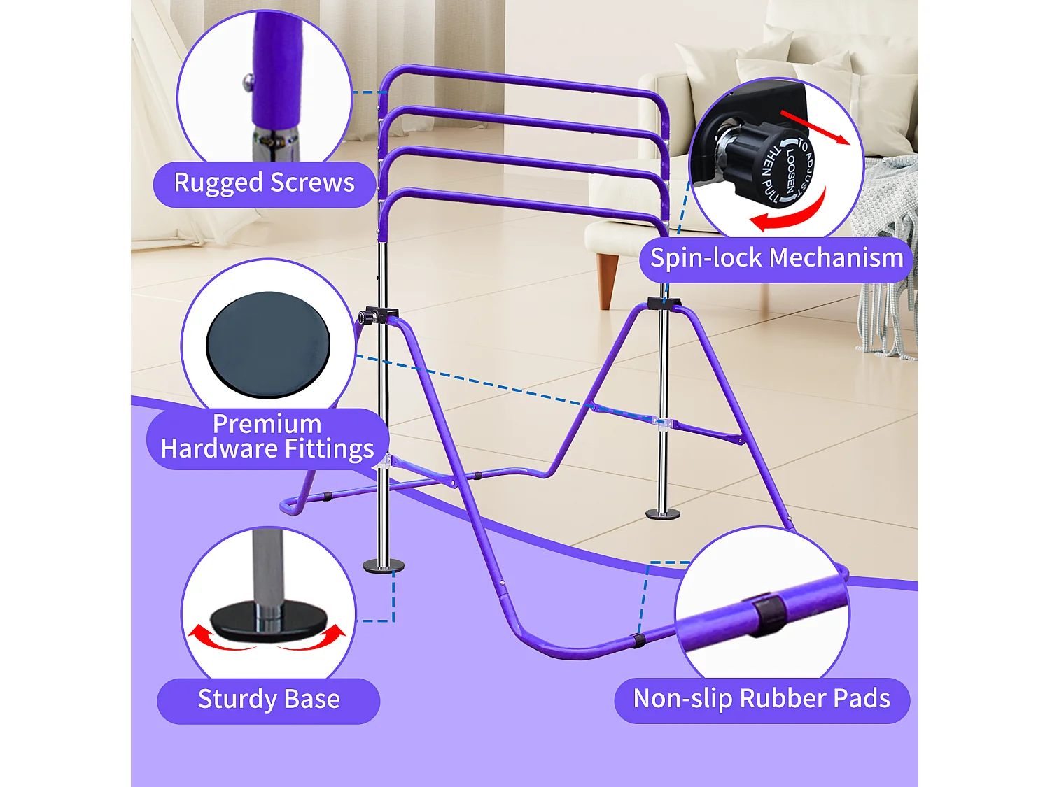 Barre de gymnastique extensible pour enfants, réglable en hauteur, acier, violet (145x100x130 cm)