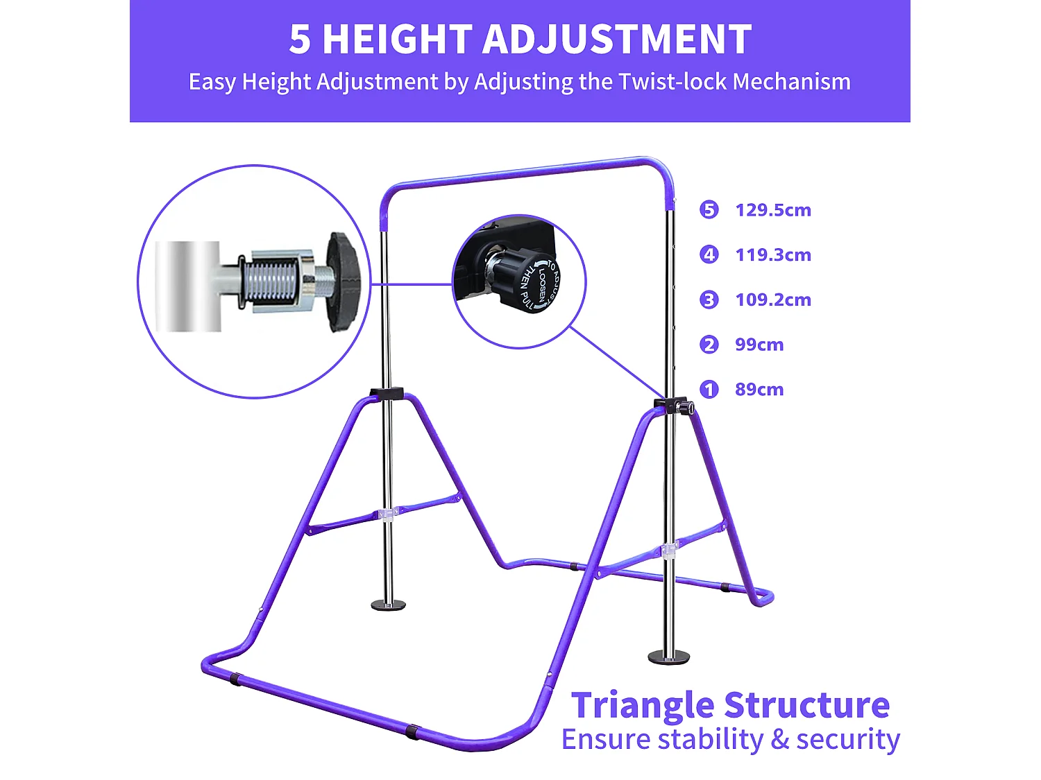 Barre de gymnastique extensible pour enfants, réglable en hauteur, acier, violet (145x100x130 cm)