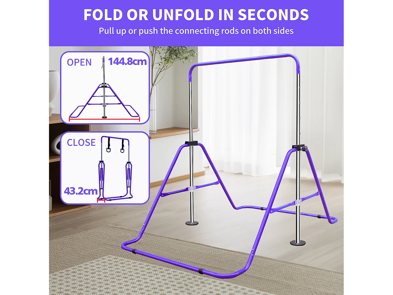 Barre de gymnastique extensible pour enfants, réglable en hauteur, acier, violet (145x100x130 cm)