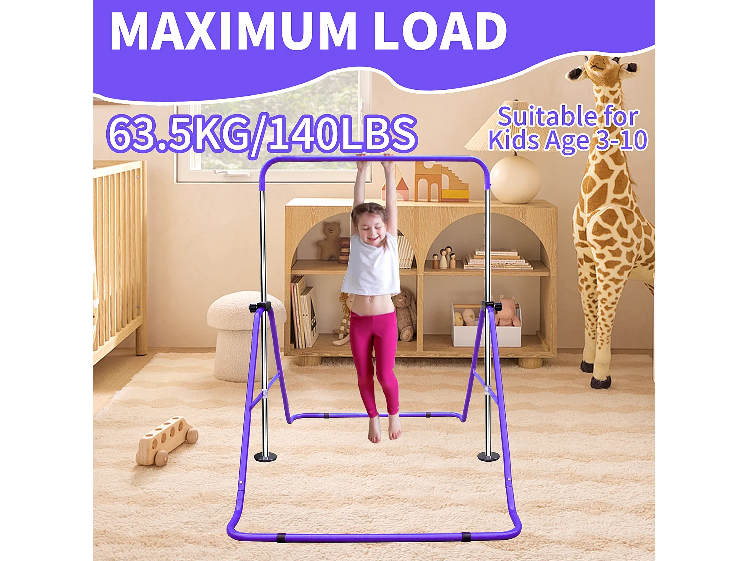 Barre de gymnastique extensible pour enfants, réglable en hauteur, acier, violet (145x100x130 cm)