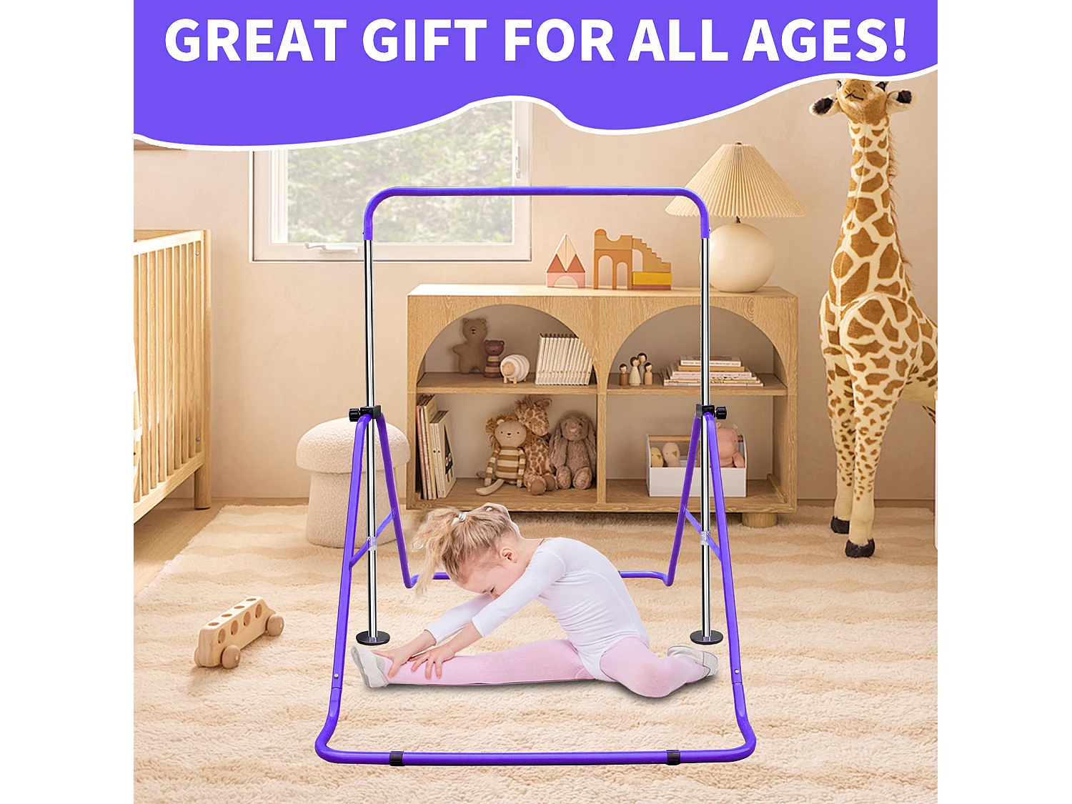 Barre de gymnastique extensible pour enfants, réglable en hauteur, acier, violet (145x100x130 cm)