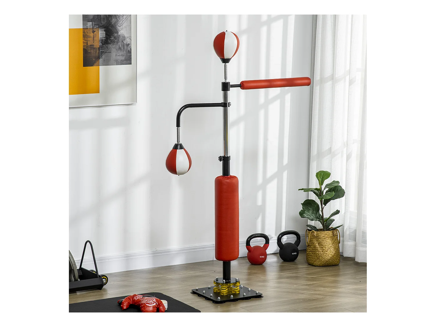 Boxeur sur pied avec deux Speedballs, support reflex, réglable 140-205 cm, cuir synthétique, noir (84x36x140-205 cm)