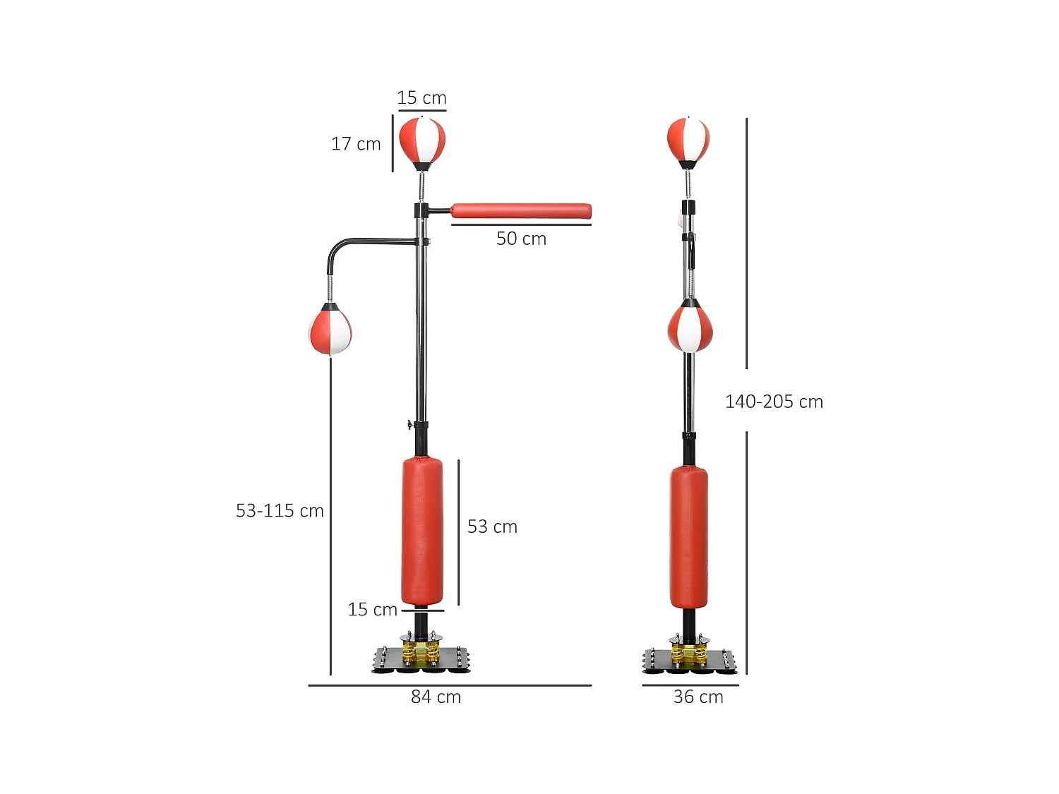 Boxeur sur pied avec deux Speedballs, support reflex, réglable 140-205 cm, cuir synthétique, noir (84x36x140-205 cm)