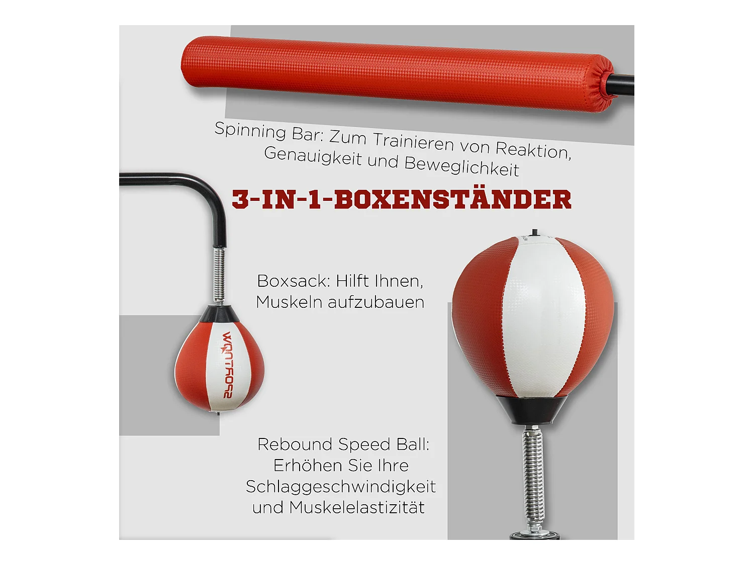 Boxeur sur pied avec deux Speedballs, support reflex, réglable 140-205 cm, cuir synthétique, noir (84x36x140-205 cm)