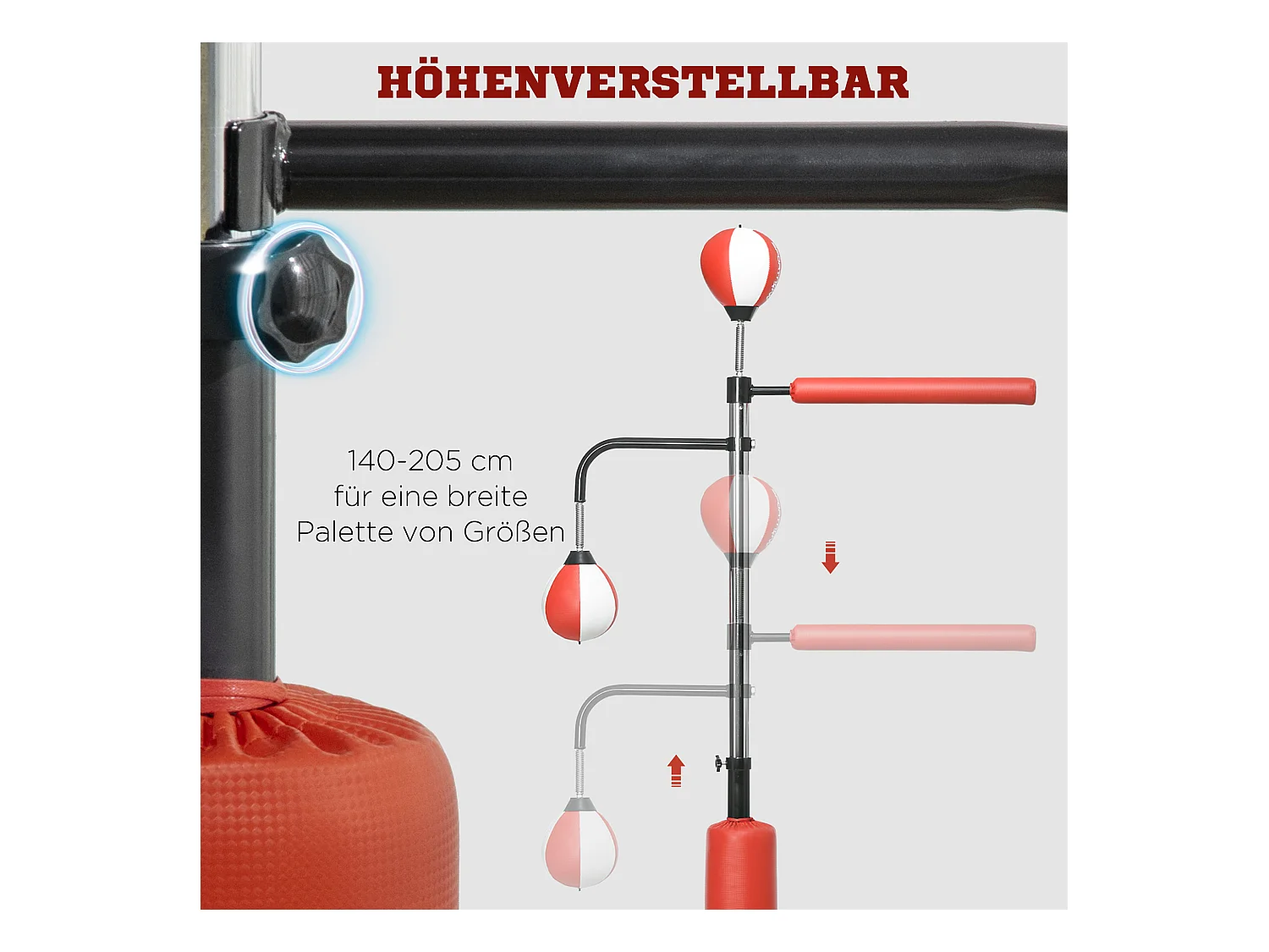 Boxeur sur pied avec deux Speedballs, support reflex, réglable 140-205 cm, cuir synthétique, noir (84x36x140-205 cm)