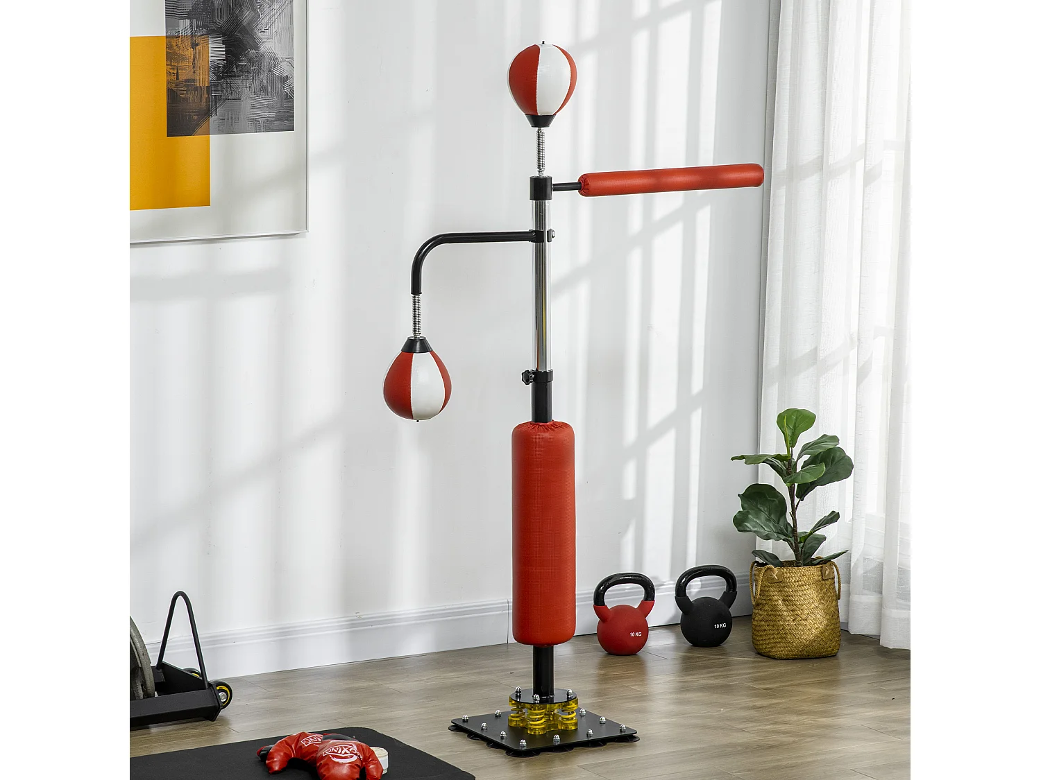 Boxeur sur pied avec deux Speedballs, support reflex, réglable 140-205 cm, cuir synthétique, noir (84x36x140-205 cm)