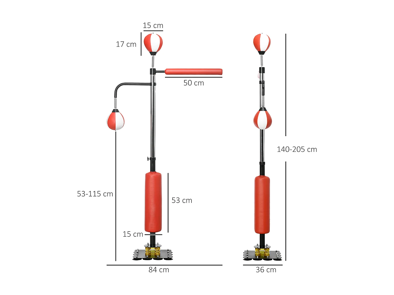 Boxeur sur pied avec deux Speedballs, support reflex, réglable 140-205 cm, cuir synthétique, noir (84x36x140-205 cm)