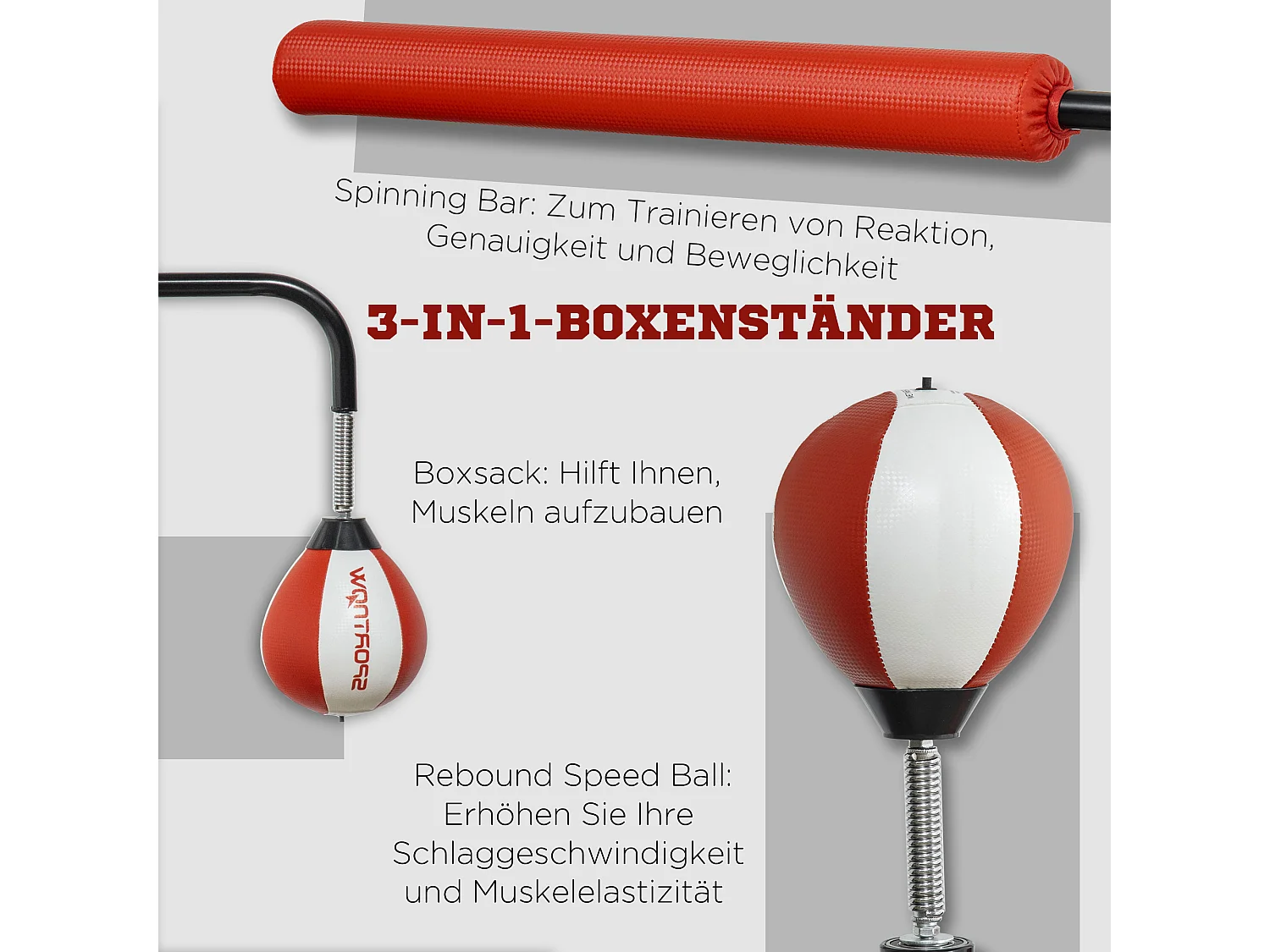 Boxeur sur pied avec deux Speedballs, support reflex, réglable 140-205 cm, cuir synthétique, noir (84x36x140-205 cm)