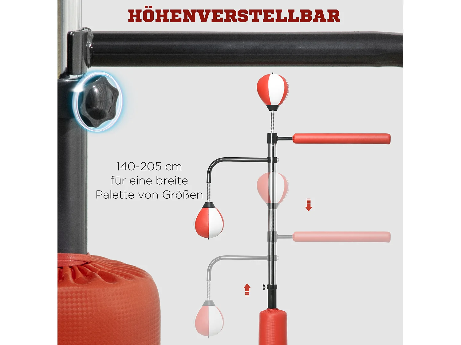 Boxeur sur pied avec deux Speedballs, support reflex, réglable 140-205 cm, cuir synthétique, noir (84x36x140-205 cm)