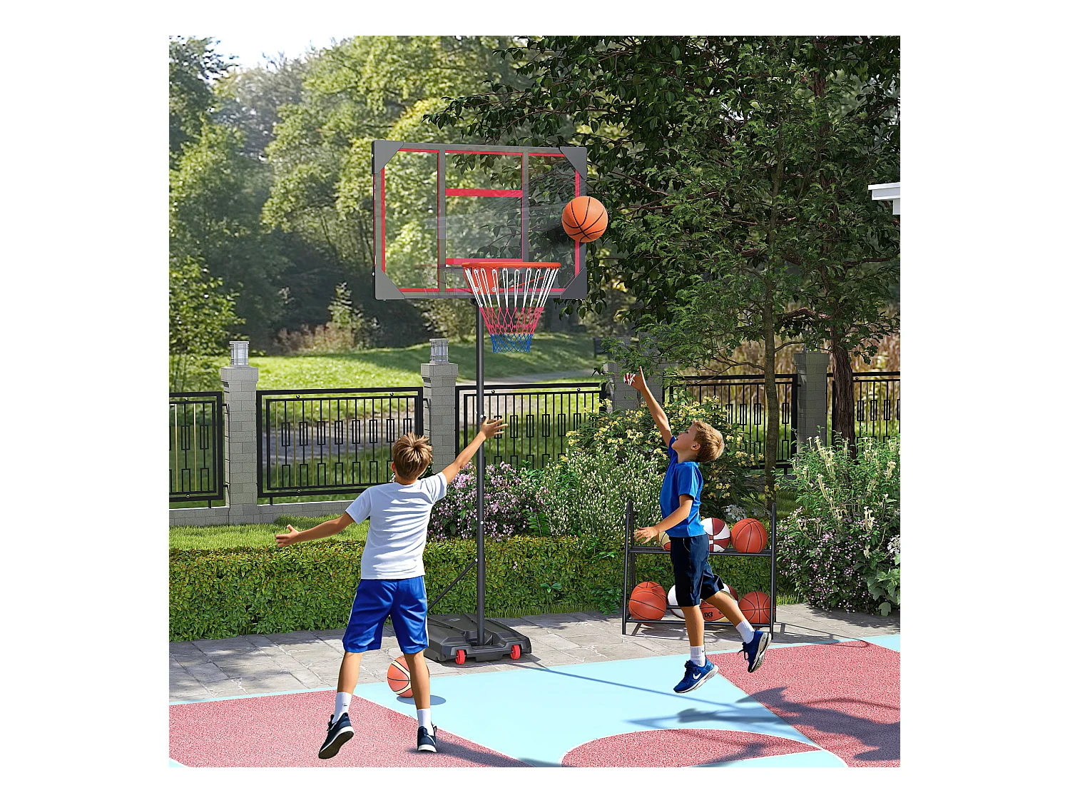 Panier de basketball réglable pour enfants, avec roues et support, plastique, rouge (82x53x306 cm)