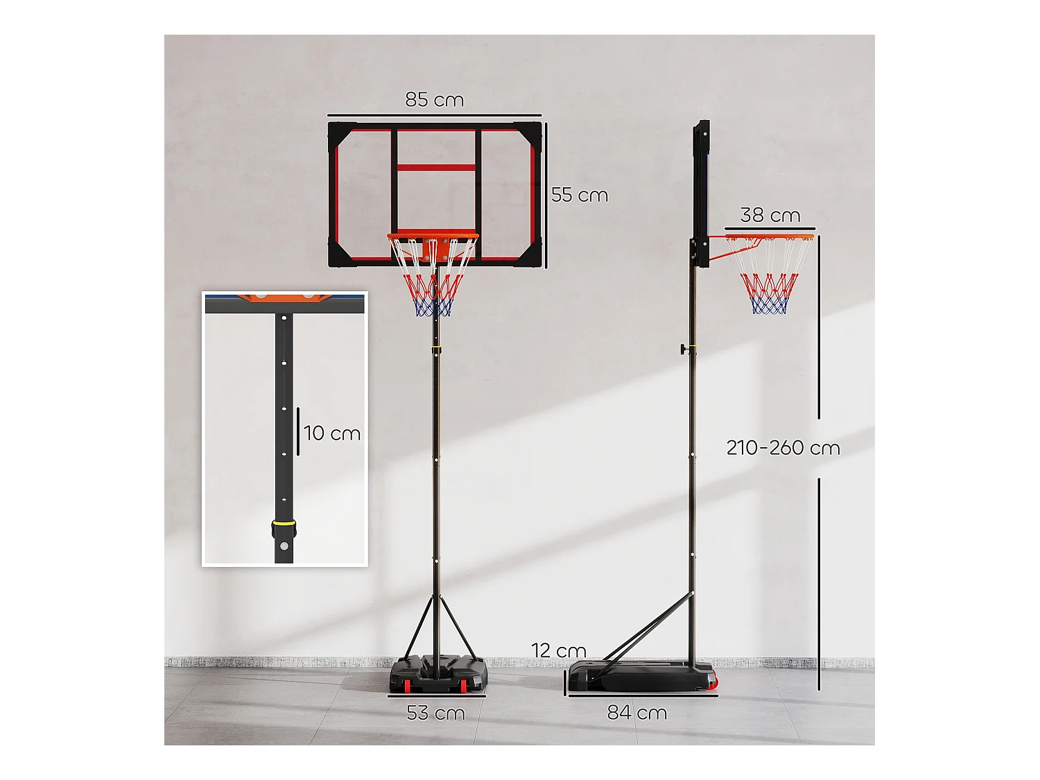 Panier de basketball réglable pour enfants, avec roues et support, plastique, rouge (82x53x306 cm)