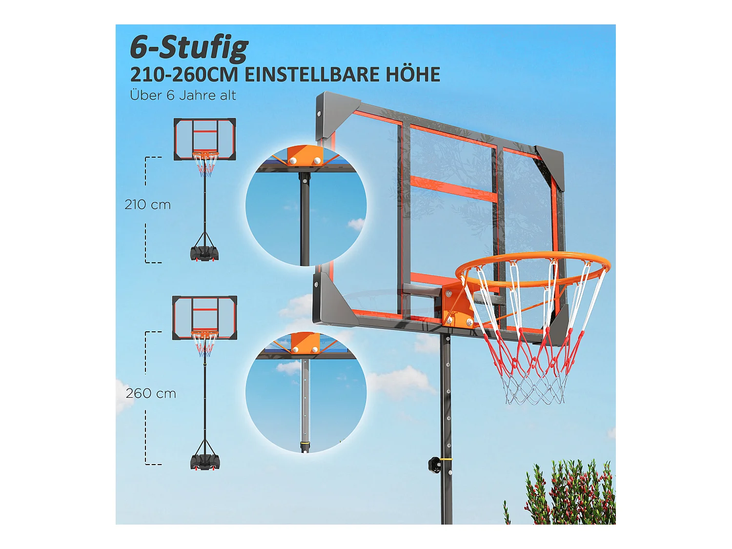 Panier de basketball réglable pour enfants, avec roues et support, plastique, rouge (82x53x306 cm)