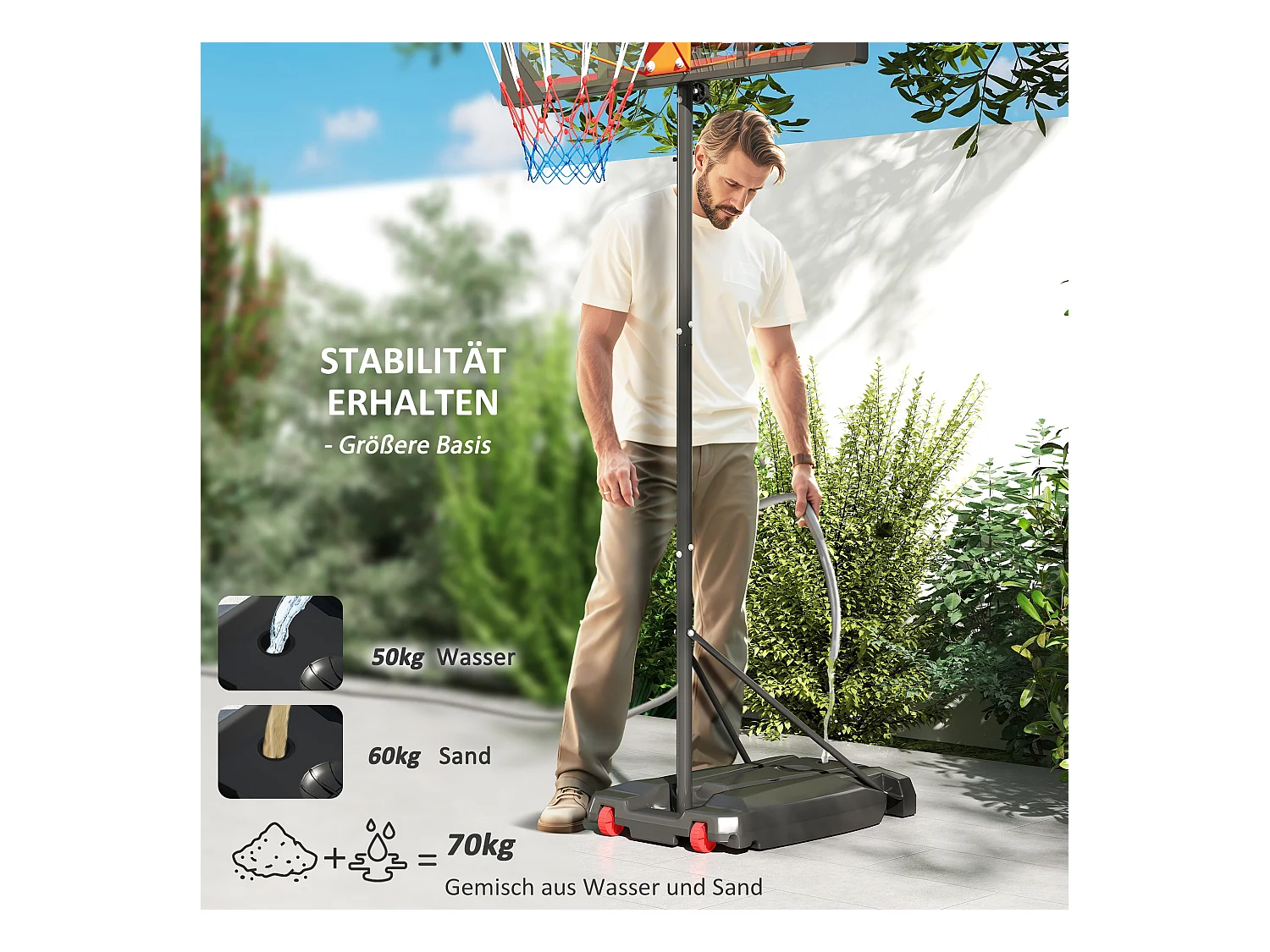 Panier de basketball réglable pour enfants, avec roues et support, plastique, rouge (82x53x306 cm)