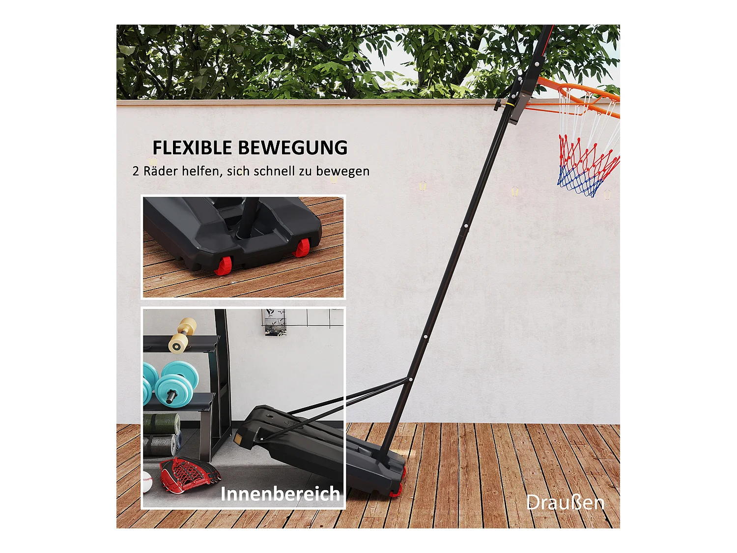 Panier de basketball réglable pour enfants, avec roues et support, plastique, rouge (82x53x306 cm)