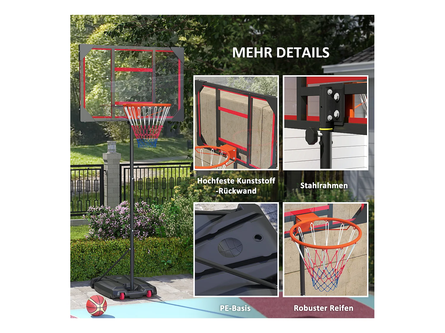 Panier de basketball réglable pour enfants, avec roues et support, plastique, rouge (82x53x306 cm)