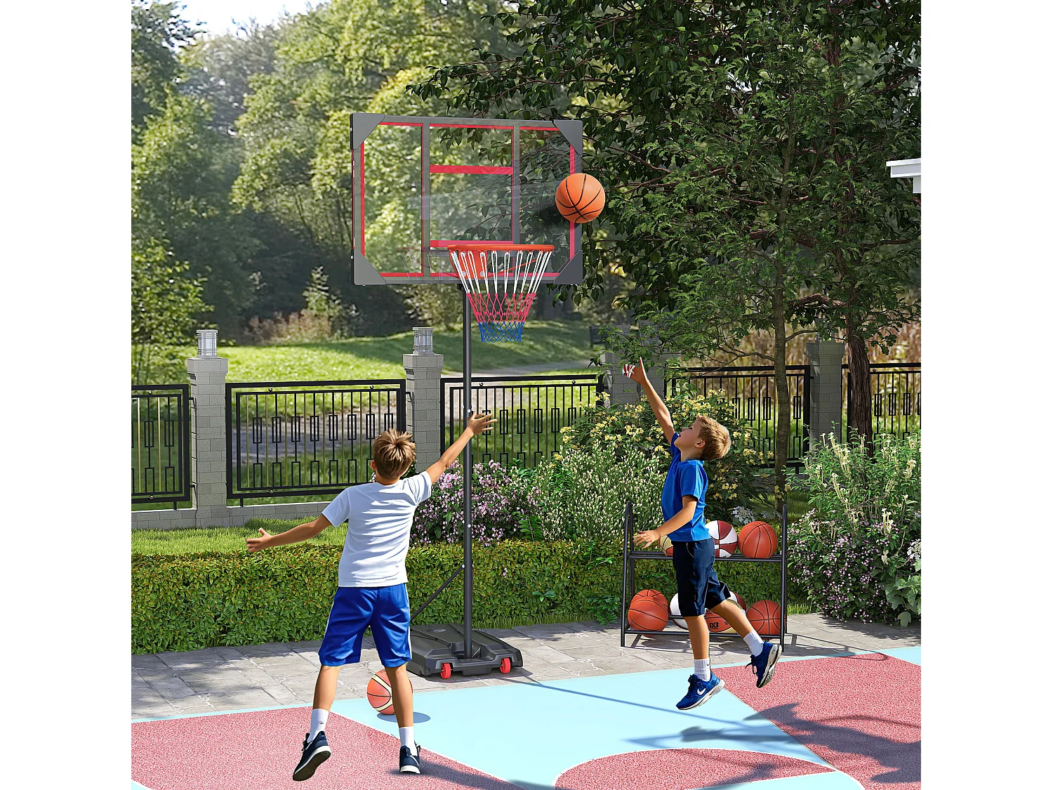 Panier de basketball réglable pour enfants, avec roues et support, plastique, rouge (82x53x306 cm)
